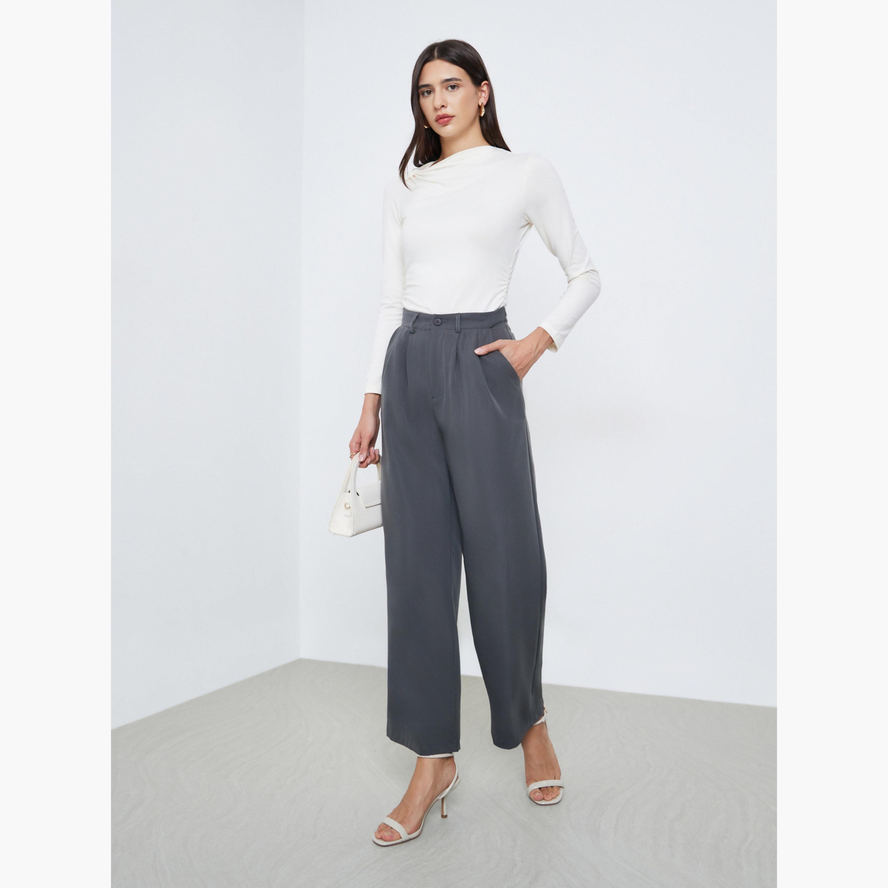 Styli Women Grey Solid Pleated Wide Leg Pants-women-clothing-bottoms-trousers-image-2