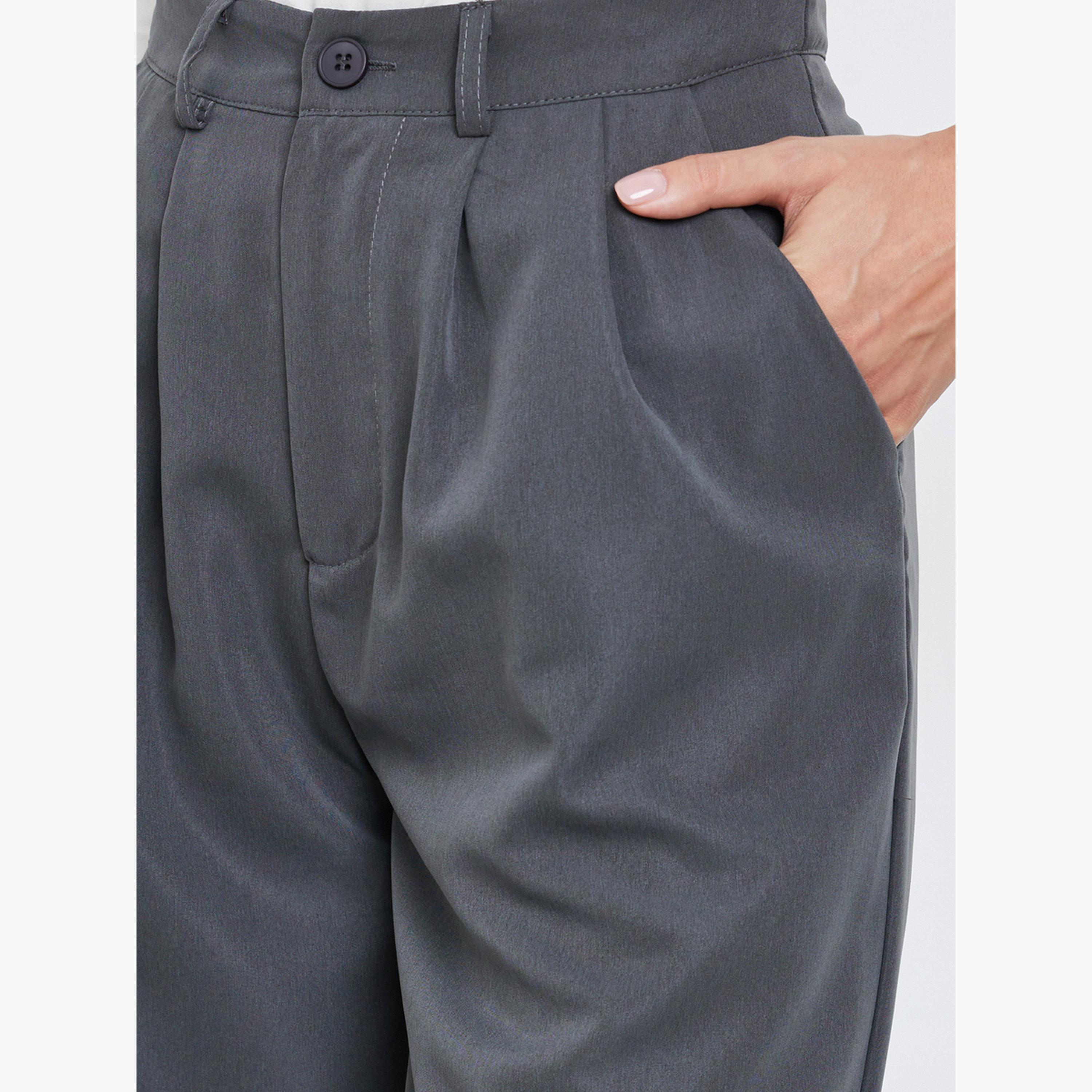 Styli Women Grey Solid Pleated Wide Leg Pants-women-clothing-bottoms-trousers-image-3