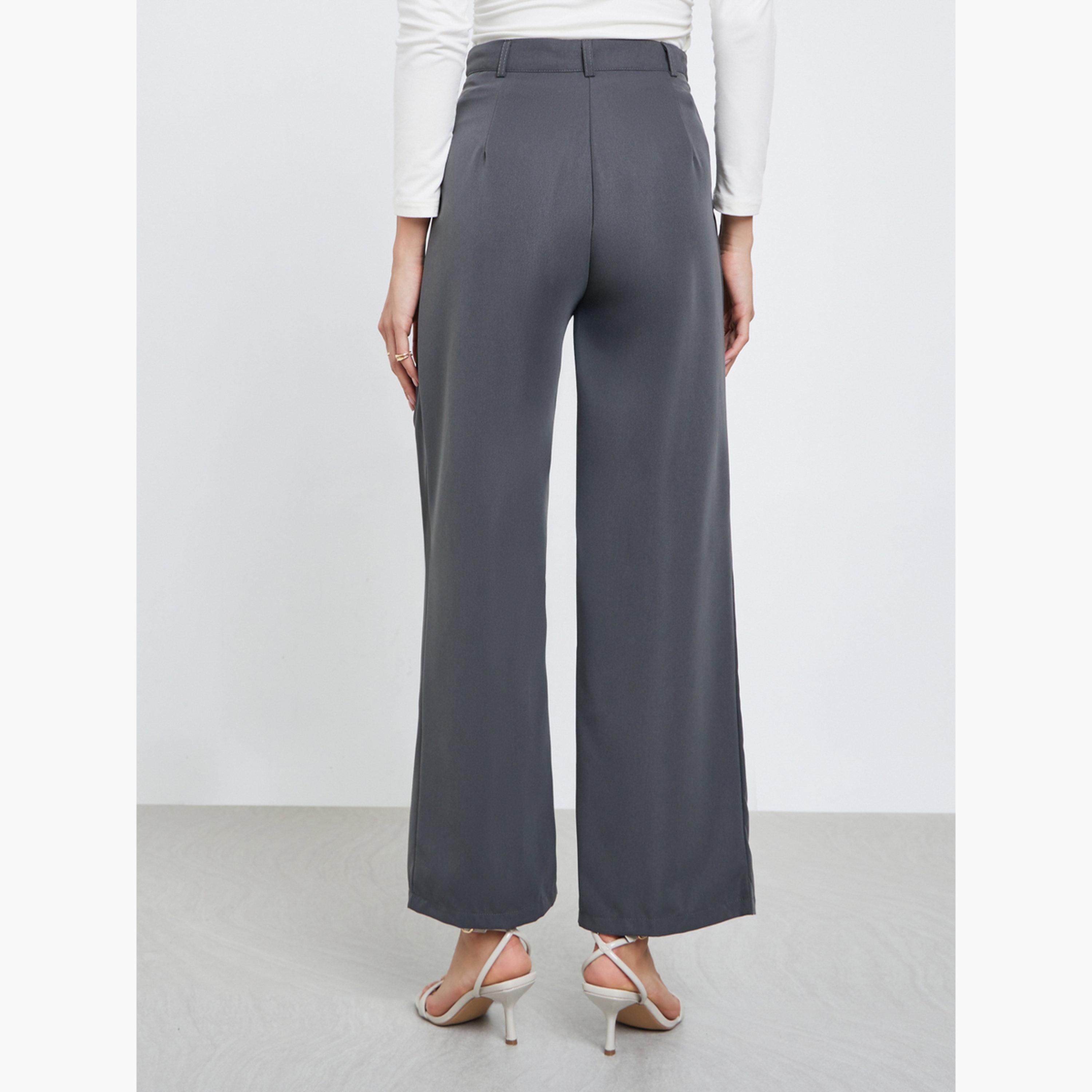 Styli Women Grey Solid Pleated Wide Leg Pants-women-clothing-bottoms-trousers-image-4