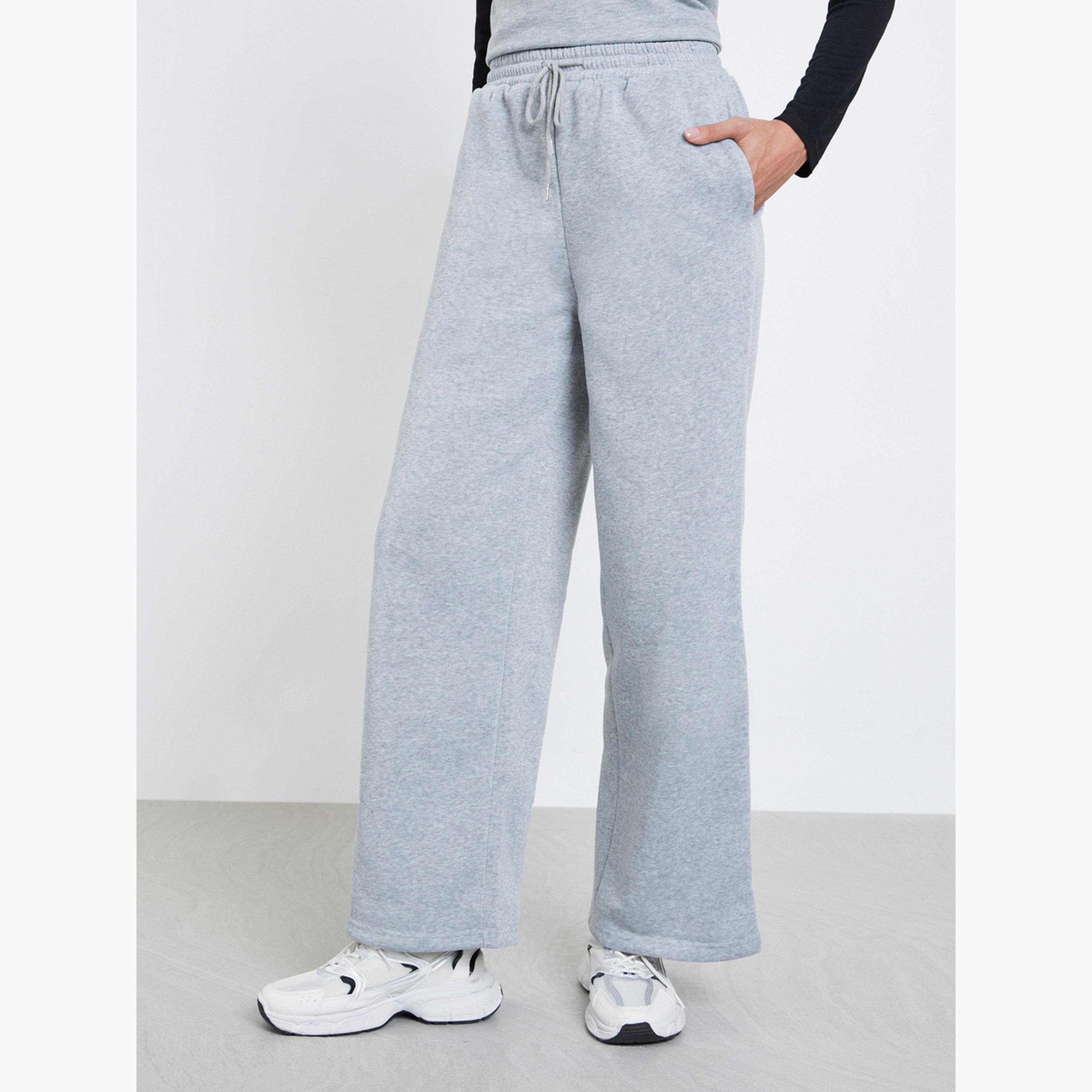 Styli Women Grey Solid Drawstring Waist Wide Leg Joggers-women-clothing-bottoms-joggers-image-1