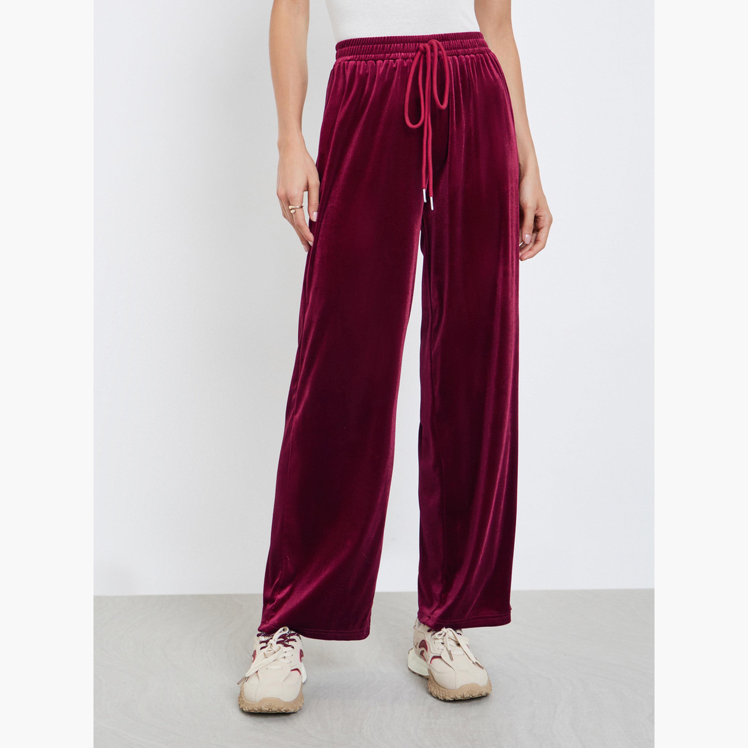 ستايلي - بنطال واسع الساق من المخمل لون برغندي سادة للنساء-women-clothing-bottoms-trousers-image-1