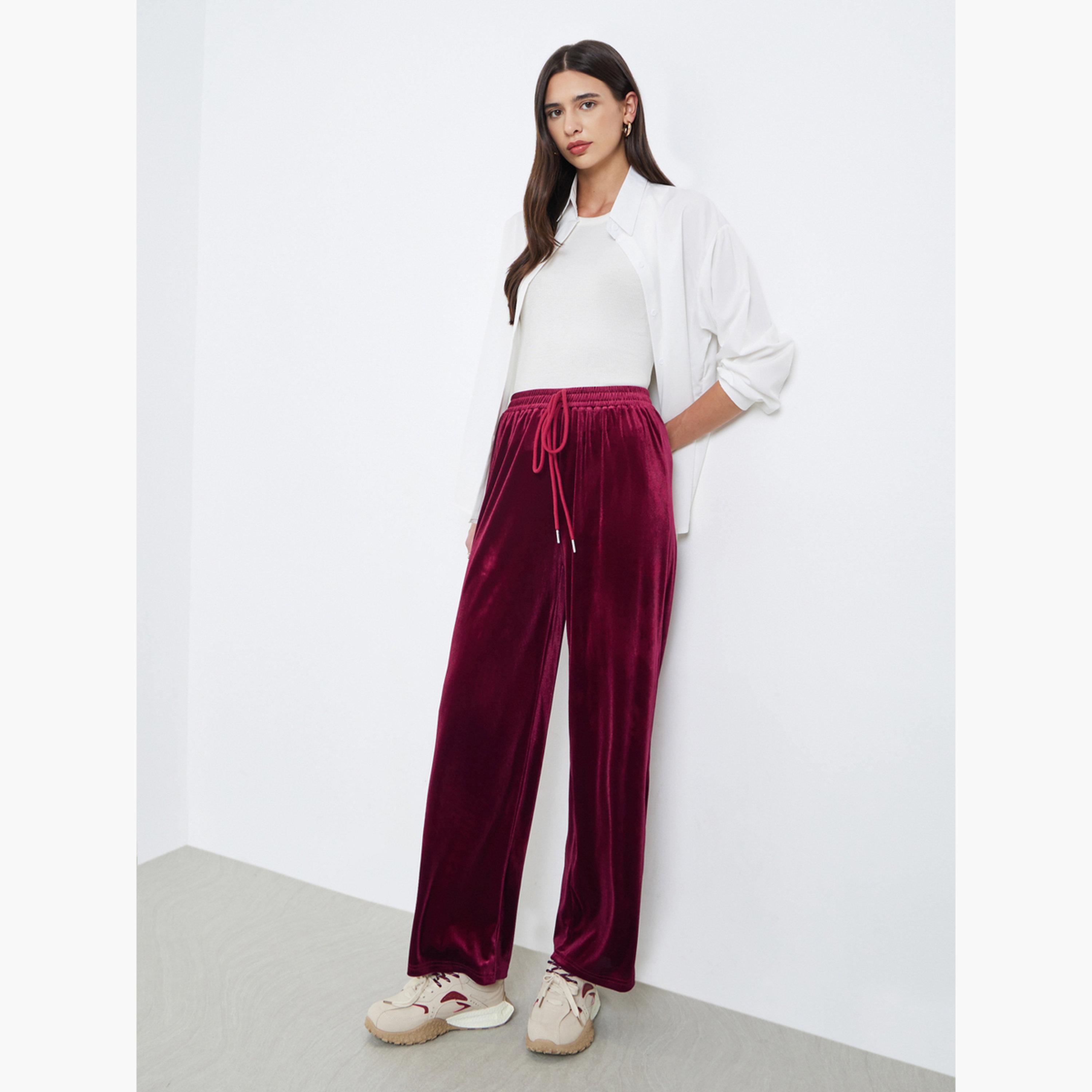 ستايلي - بنطال واسع الساق من المخمل لون برغندي سادة للنساء-women-clothing-bottoms-trousers-image-2
