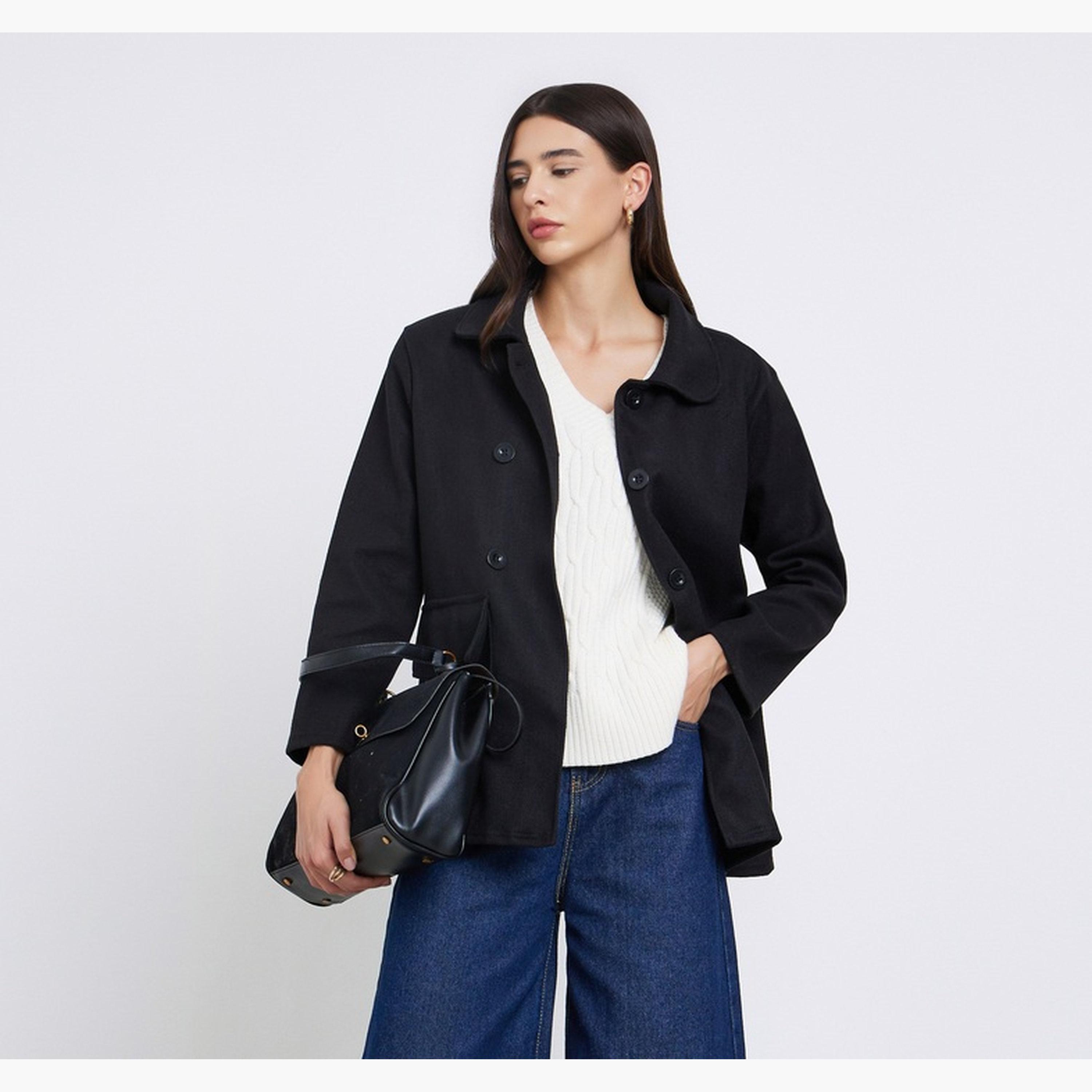 Styli Black Solid Collared Long Sleeves Women's Buttoned Coat-women-clothing-coatsandjackets-coats-image-1