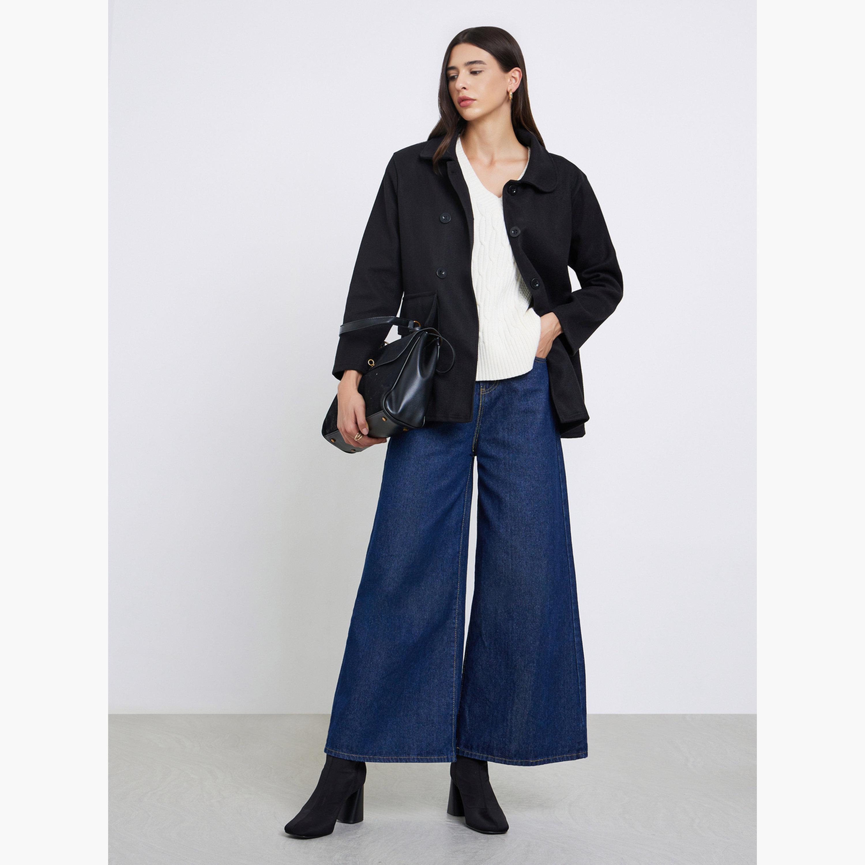 Styli Black Solid Collared Long Sleeves Women's Buttoned Coat-women-clothing-coatsandjackets-coats-image-2