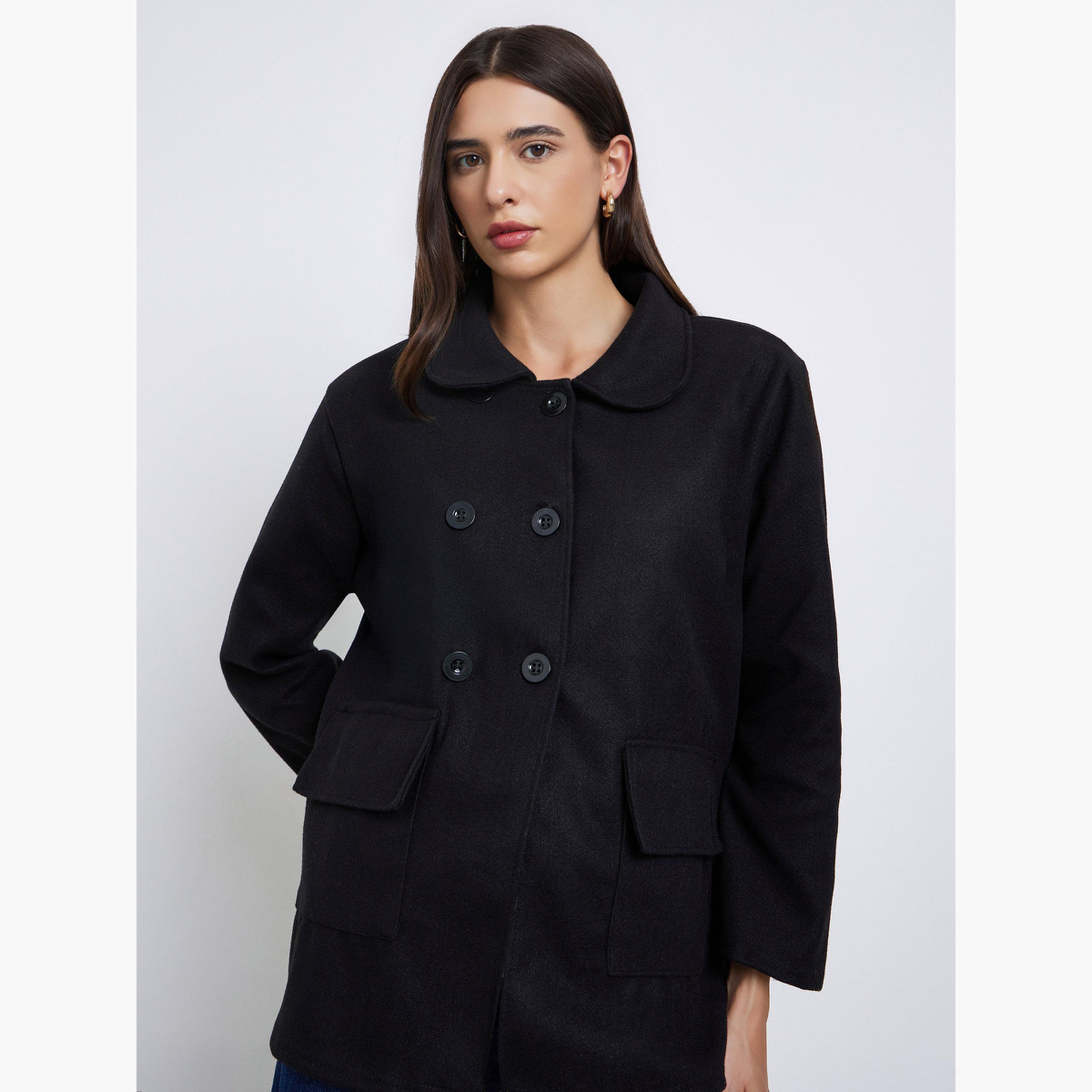 Styli Black Solid Collared Long Sleeves Women's Buttoned Coat-women-clothing-coatsandjackets-coats-image-3