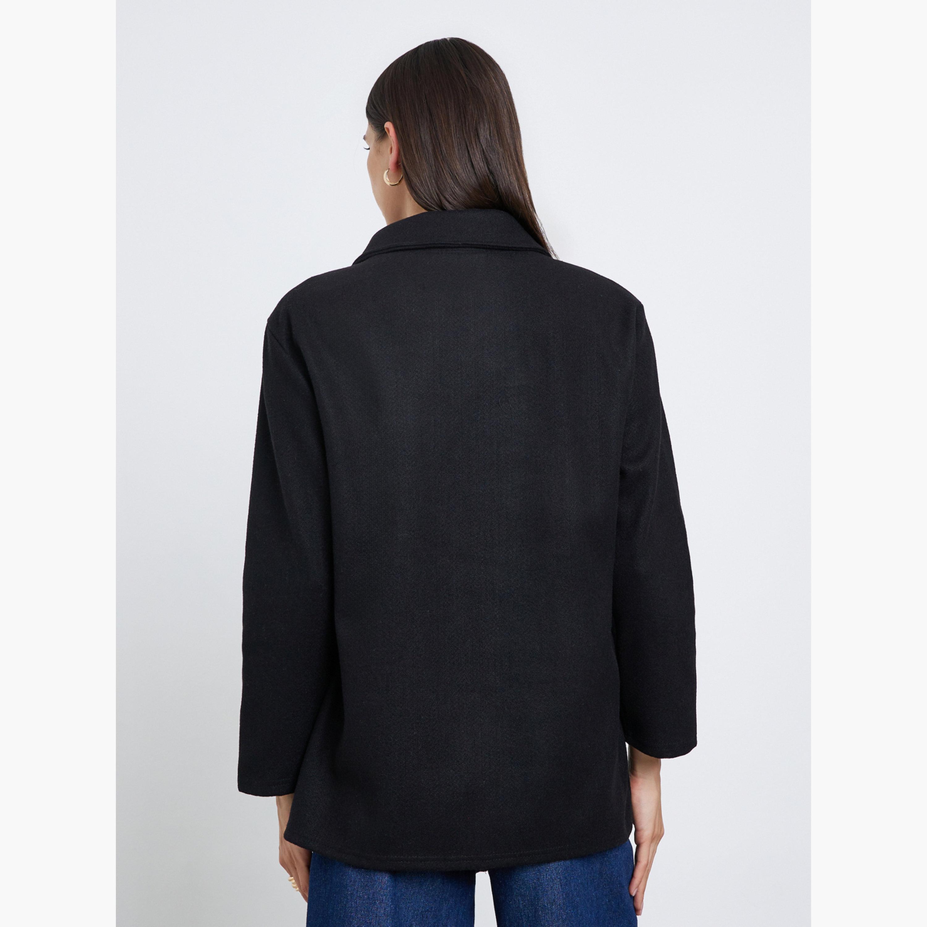 Styli Black Solid Collared Long Sleeves Women's Buttoned Coat-women-clothing-coatsandjackets-coats-image-4