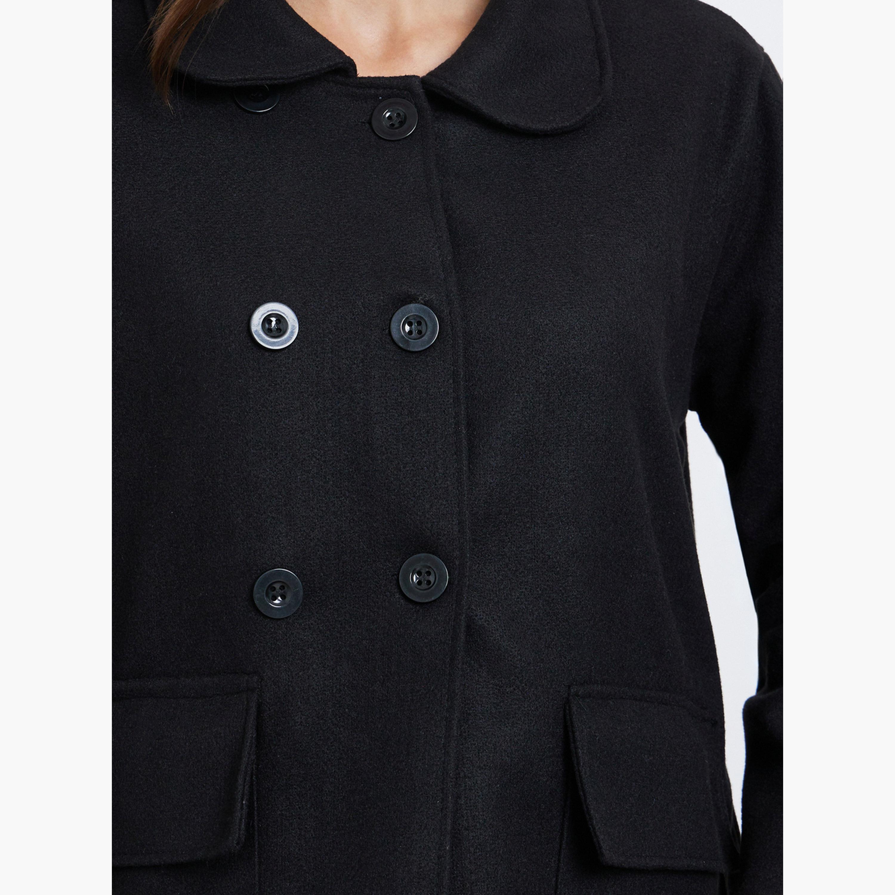 Styli Black Solid Collared Long Sleeves Women's Buttoned Coat-women-clothing-coatsandjackets-coats-image-5