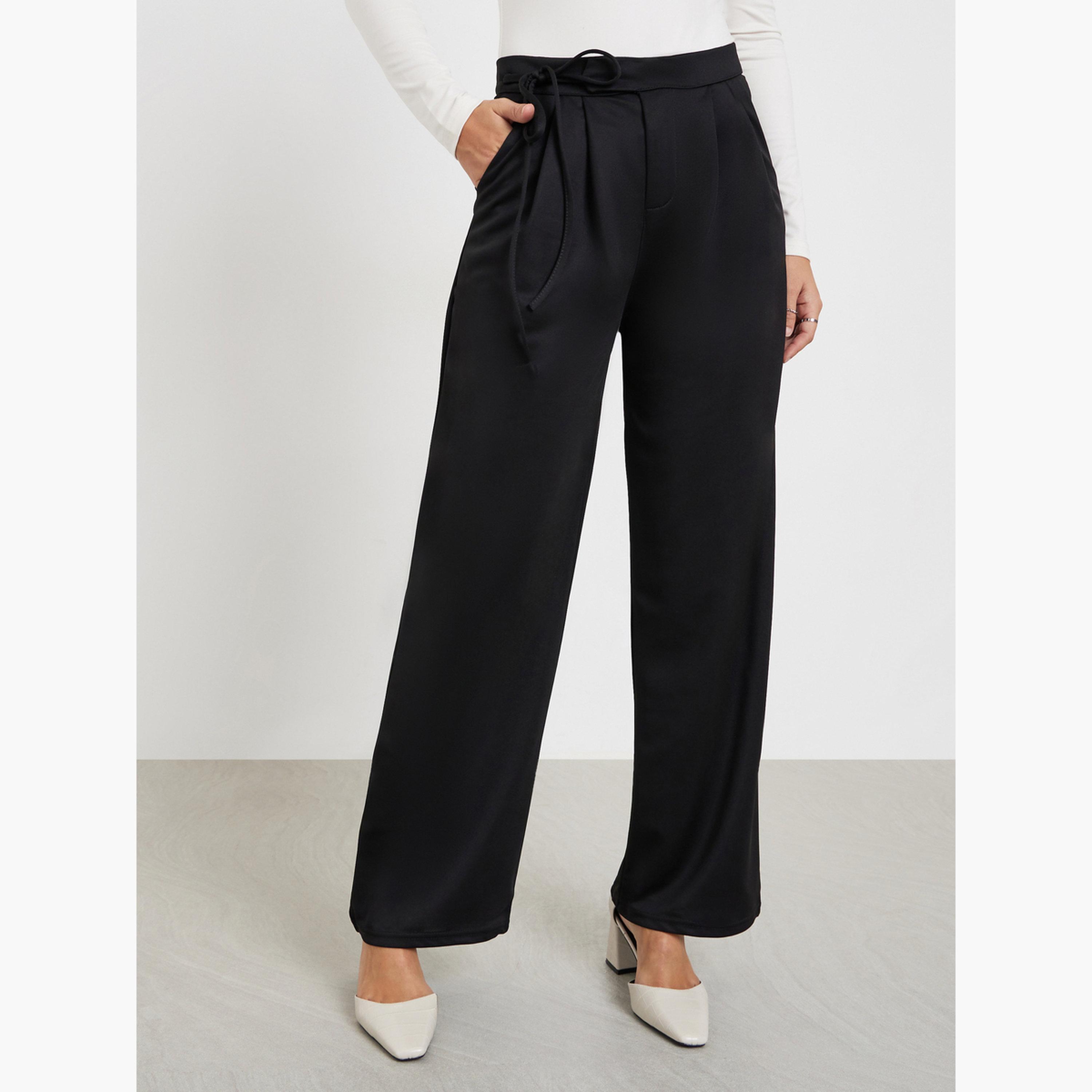 ستايلي - بنطال أسود سادة مطوي مع تفاصيل ربطة عنق للنساء-women-clothing-bottoms-trousers-image-1