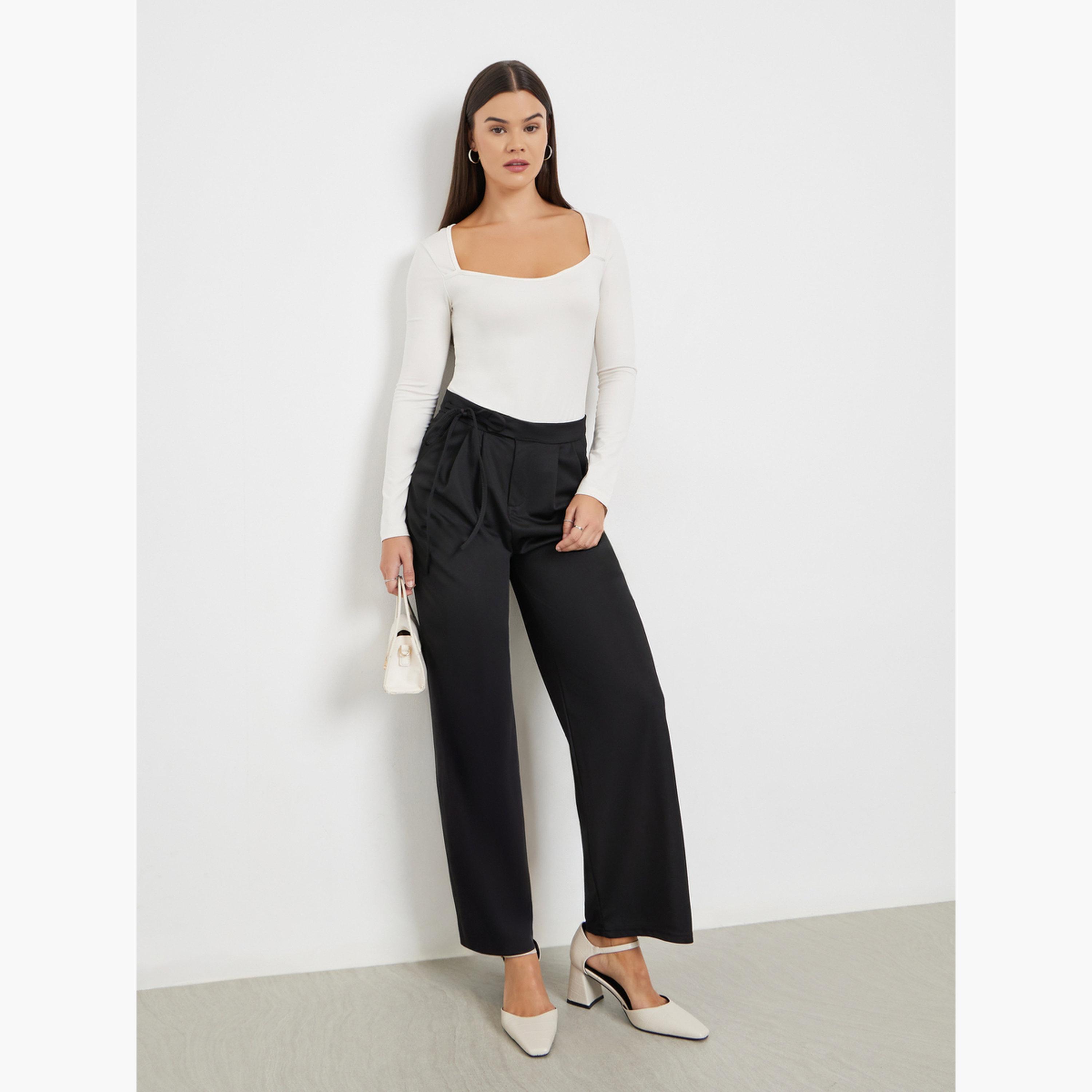 ستايلي - بنطال أسود سادة مطوي مع تفاصيل ربطة عنق للنساء-women-clothing-bottoms-trousers-image-2
