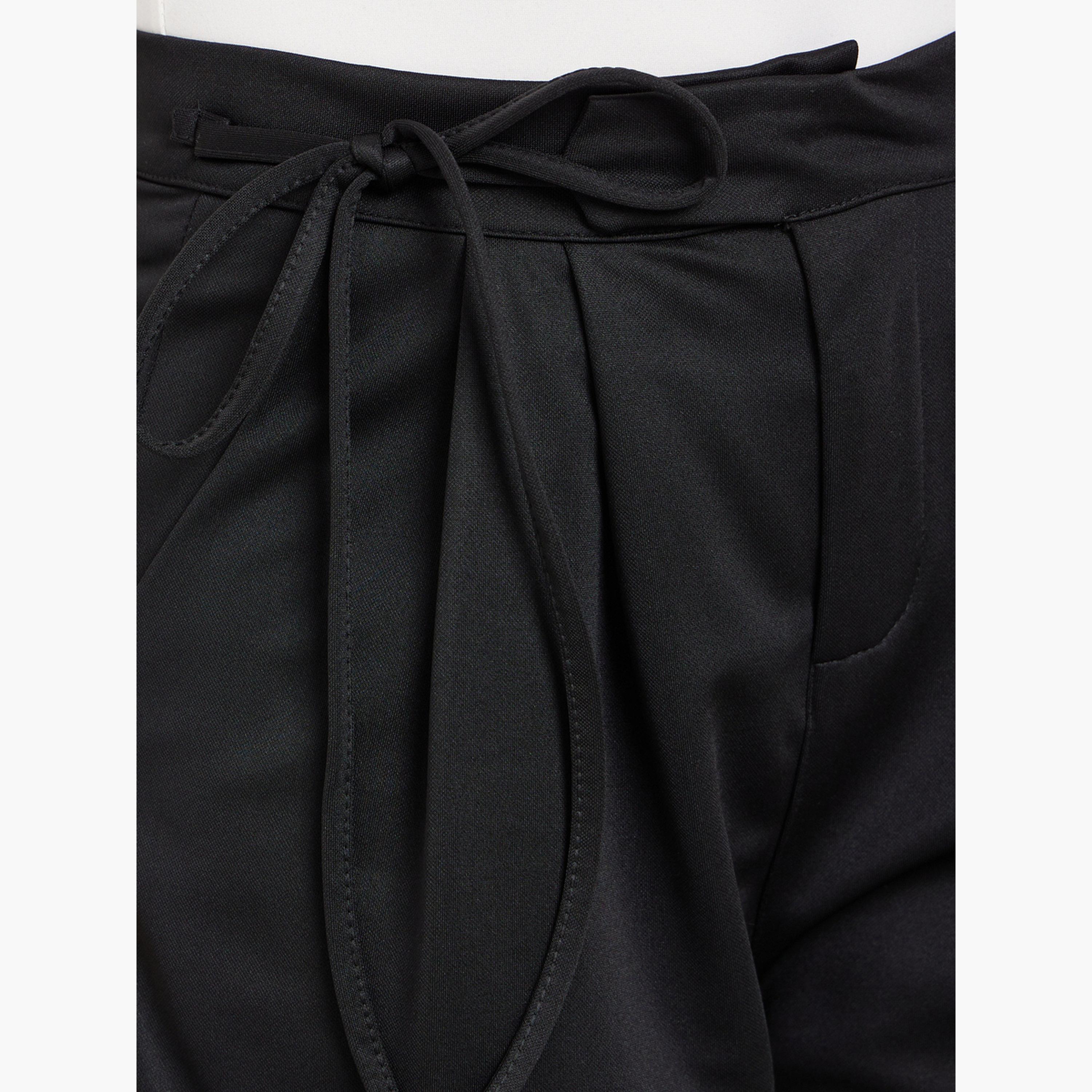 ستايلي - بنطال أسود سادة مطوي مع تفاصيل ربطة عنق للنساء-women-clothing-bottoms-trousers-image-3