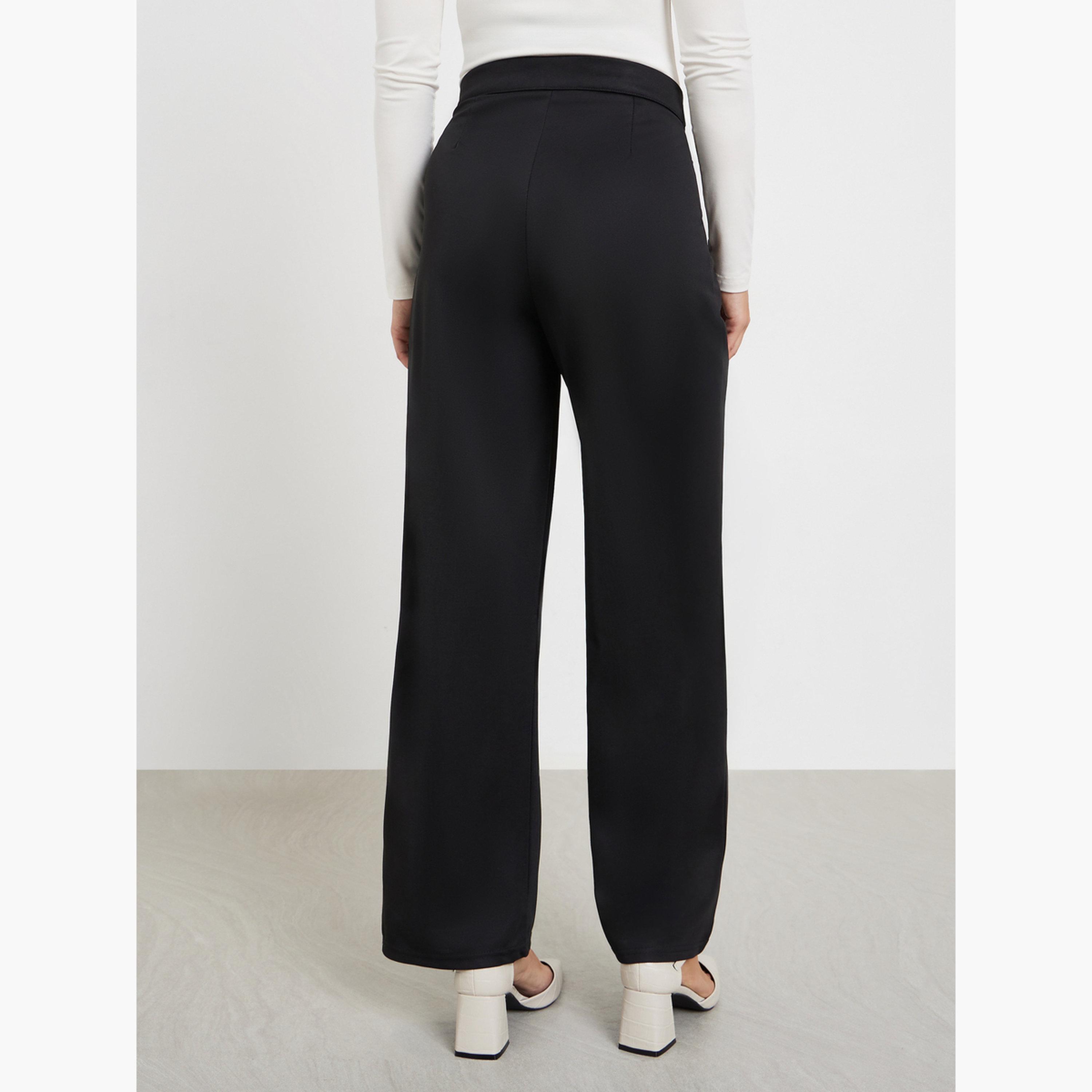 ستايلي - بنطال أسود سادة مطوي مع تفاصيل ربطة عنق للنساء-women-clothing-bottoms-trousers-image-4