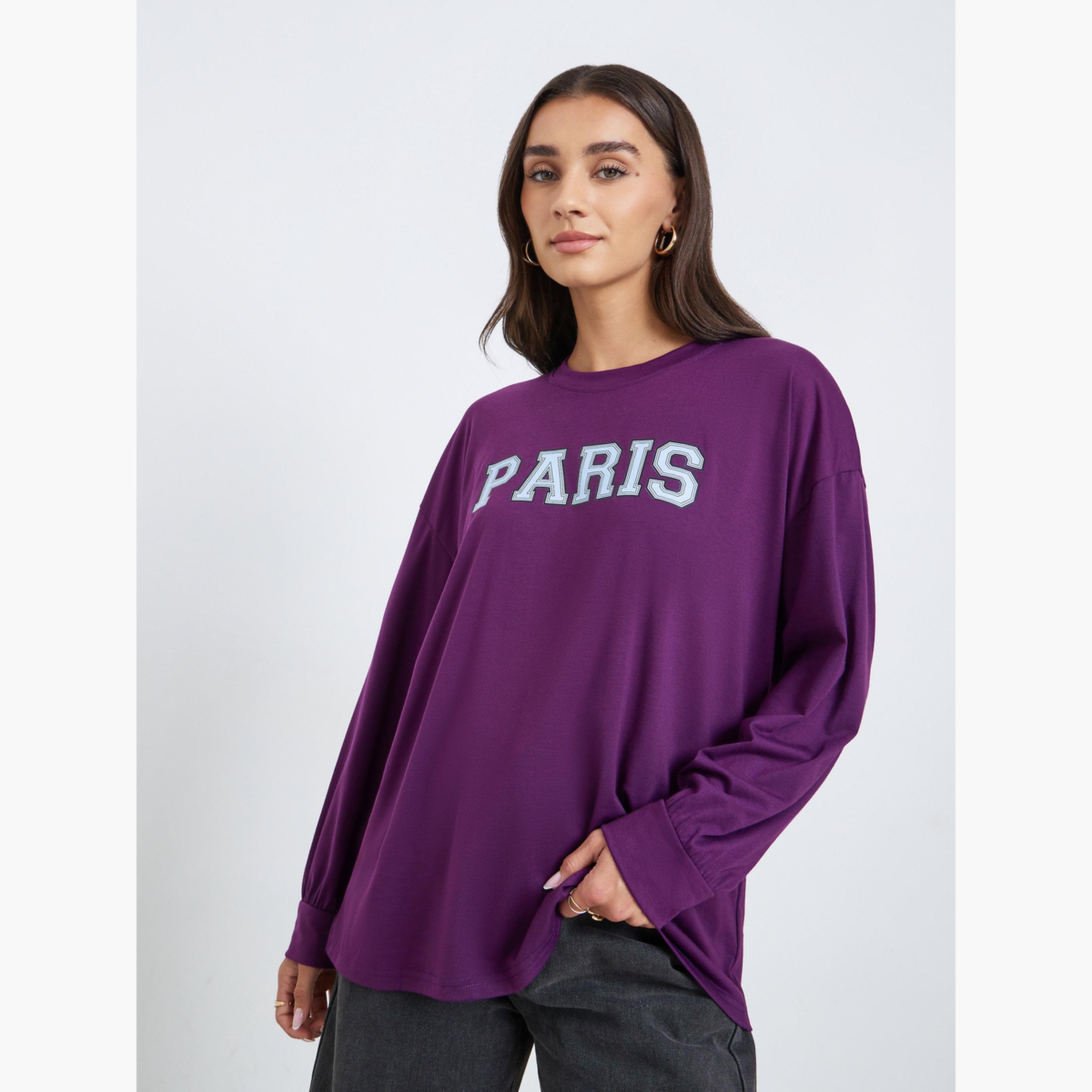 Styli Women Purple Graphic Oversized Long Sleeve T-Shirt-women-clothing-tshirts-image-1
