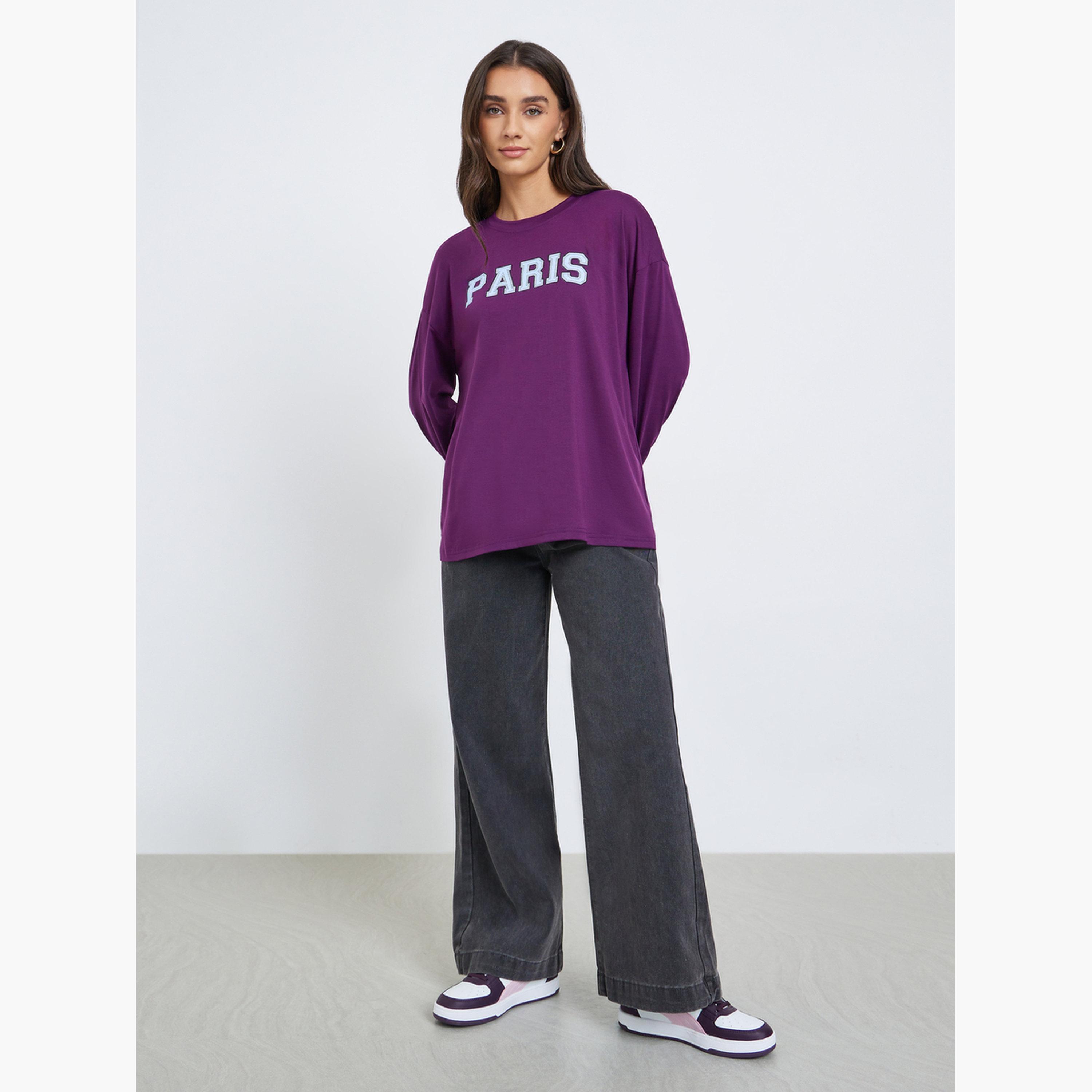 Styli Women Purple Graphic Oversized Long Sleeve T-Shirt-women-clothing-tshirts-image-2
