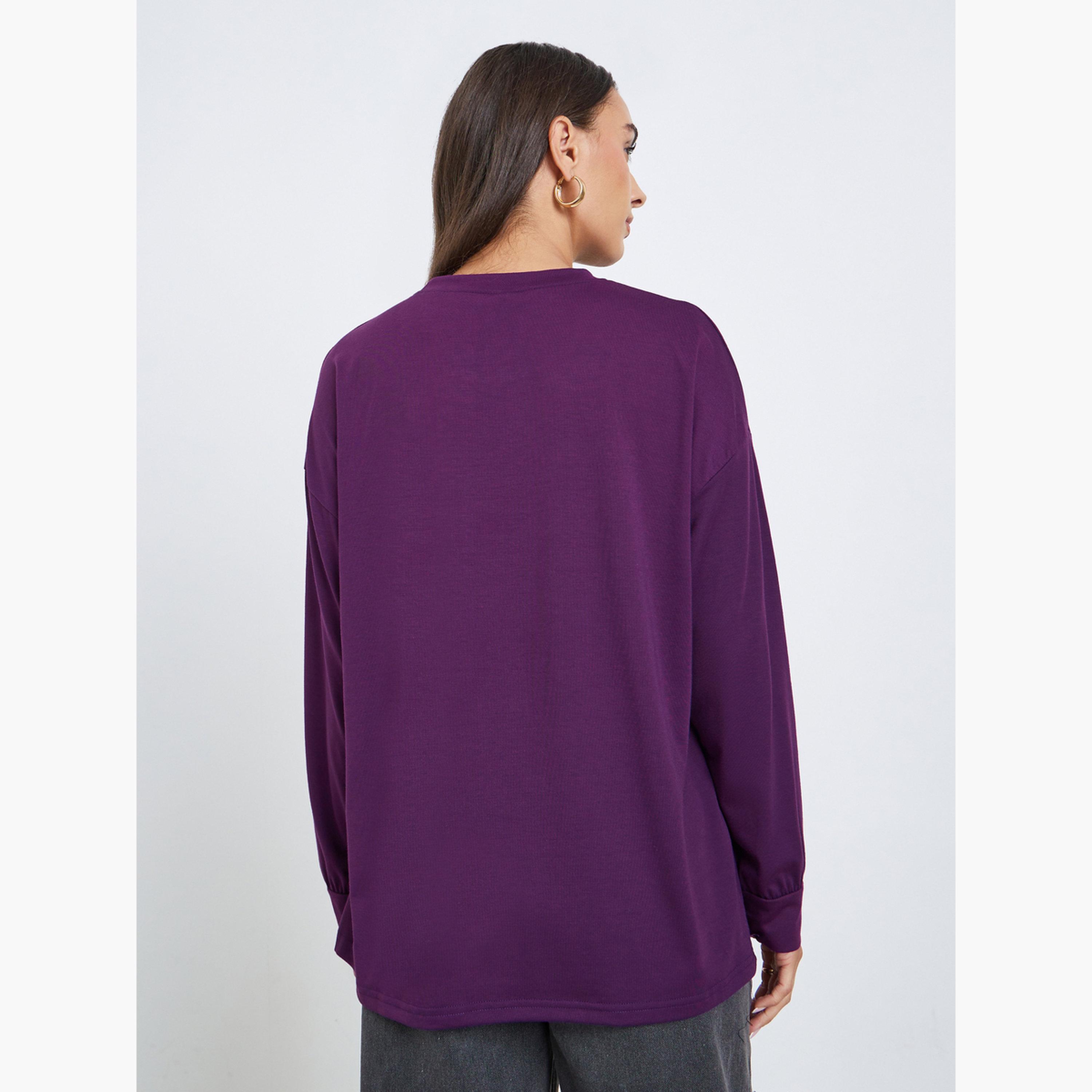ستايلي - تي شيرت أرجواني تصميم واسع بأكمام طويلة ورسومات جرافيكية للنساء-women-clothing-tshirts-image-5