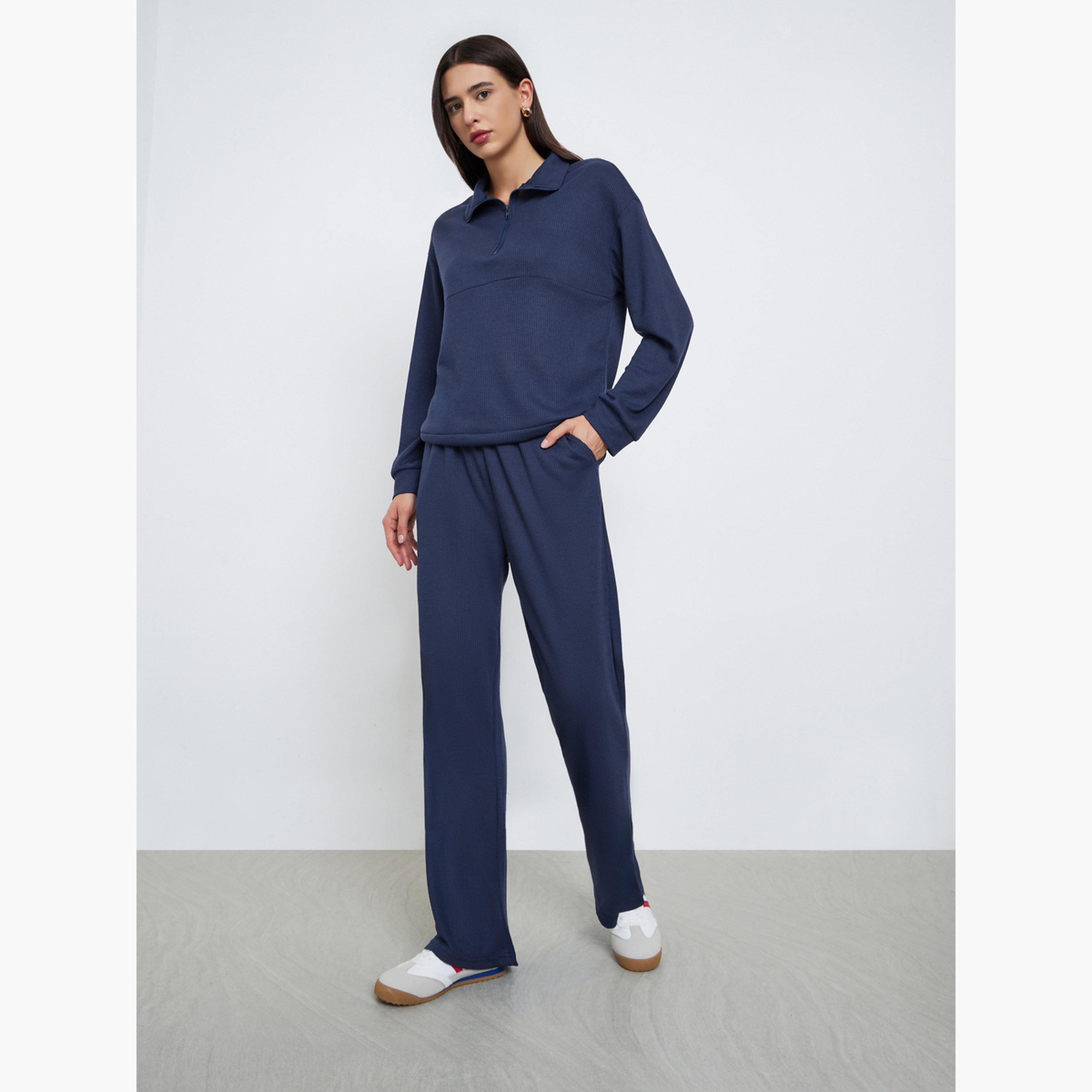 Styli Women Dark Blue Waffle Knit Sweatshirt and Joggers Co-ords-women-clothing-coordsets-image-1