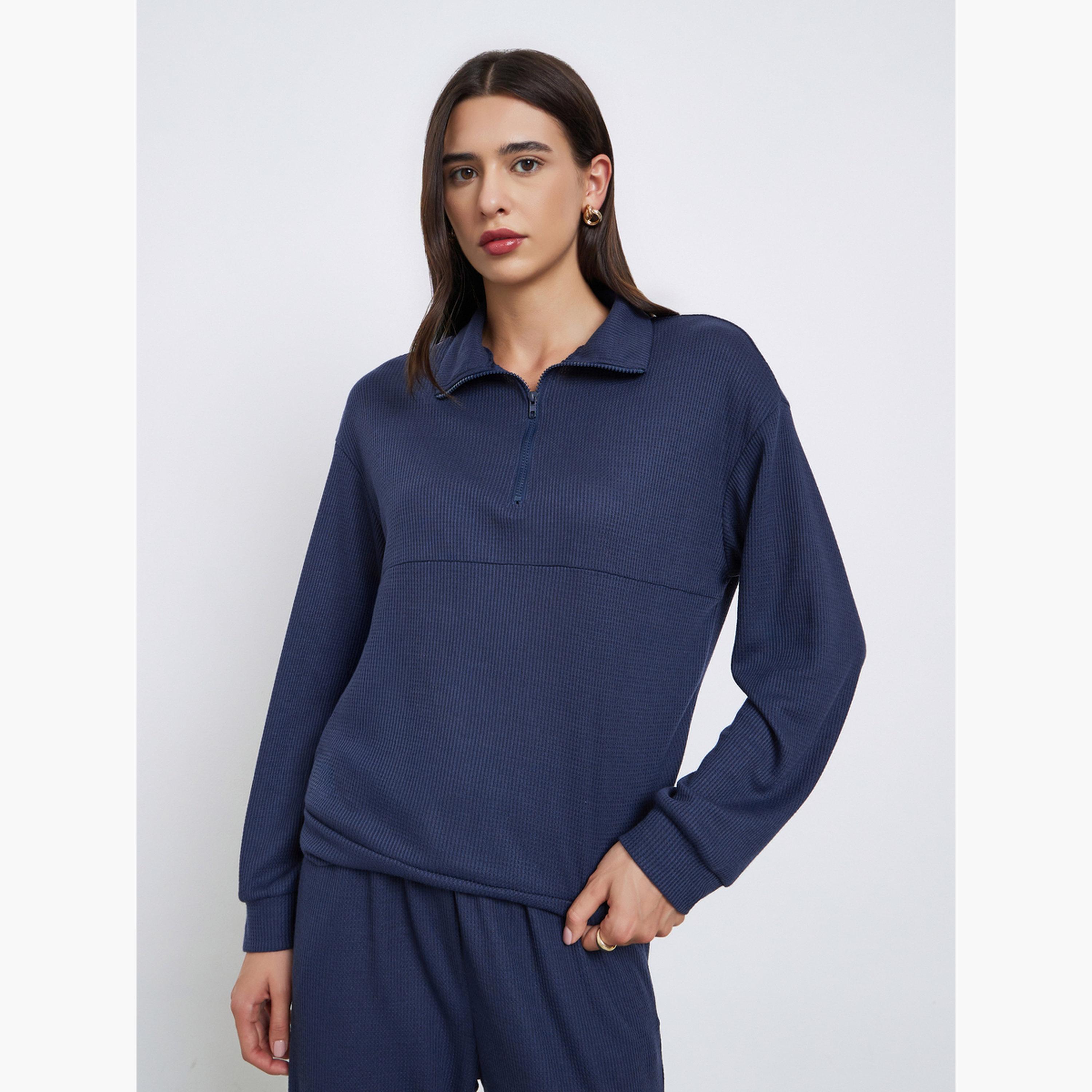 Styli Women Dark Blue Waffle Knit Sweatshirt and Joggers Co-ords-women-clothing-coordsets-image-3