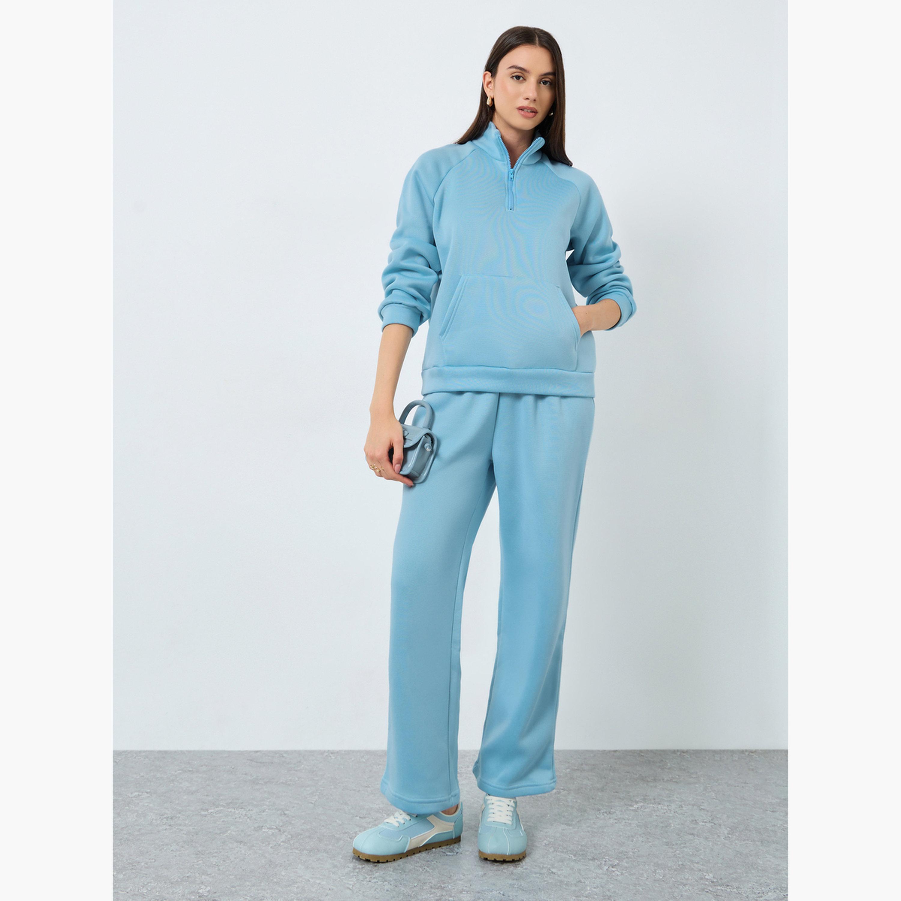 ستايلي - طقم سويت شيرت وبنطال رياضي أزرق سادة بياقة وسحاب للنساء-women-clothing-coordsets-image-1