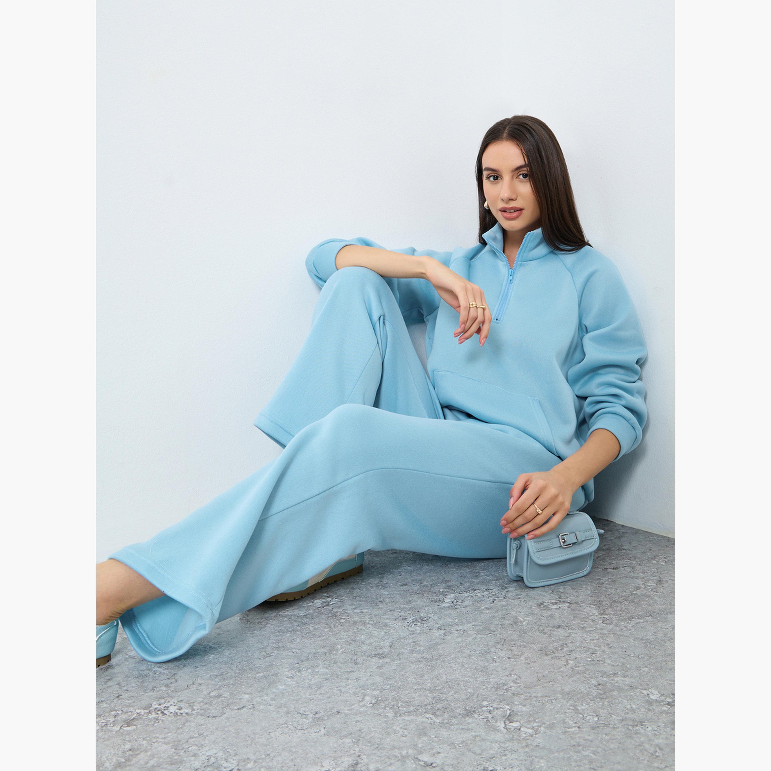 Styli Women Blue Solid Zip Collar Sweatshirt and Joggers Set-women-clothing-coordsets-image-2