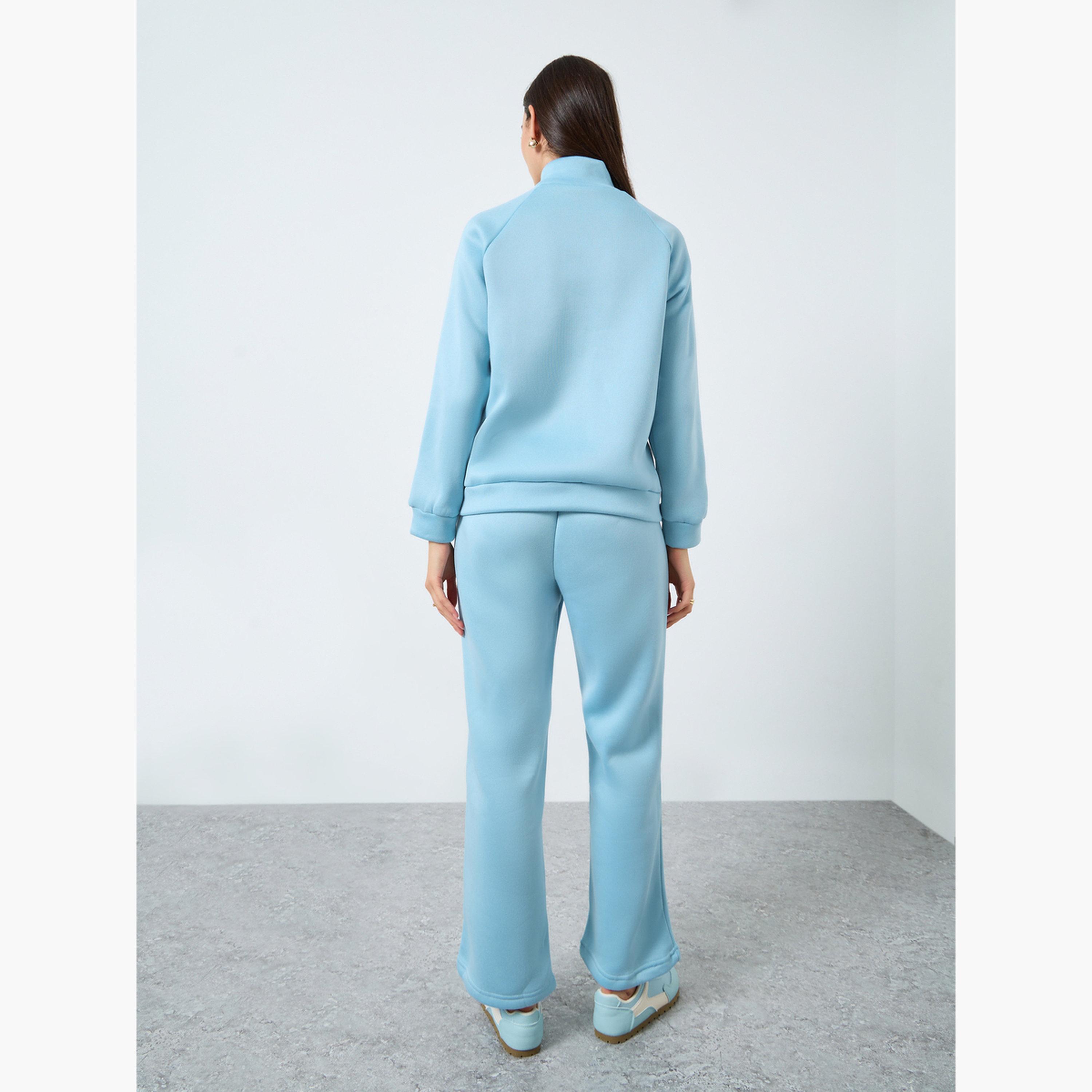 ستايلي - طقم سويت شيرت وبنطال رياضي أزرق سادة بياقة وسحاب للنساء-women-clothing-coordsets-image-4