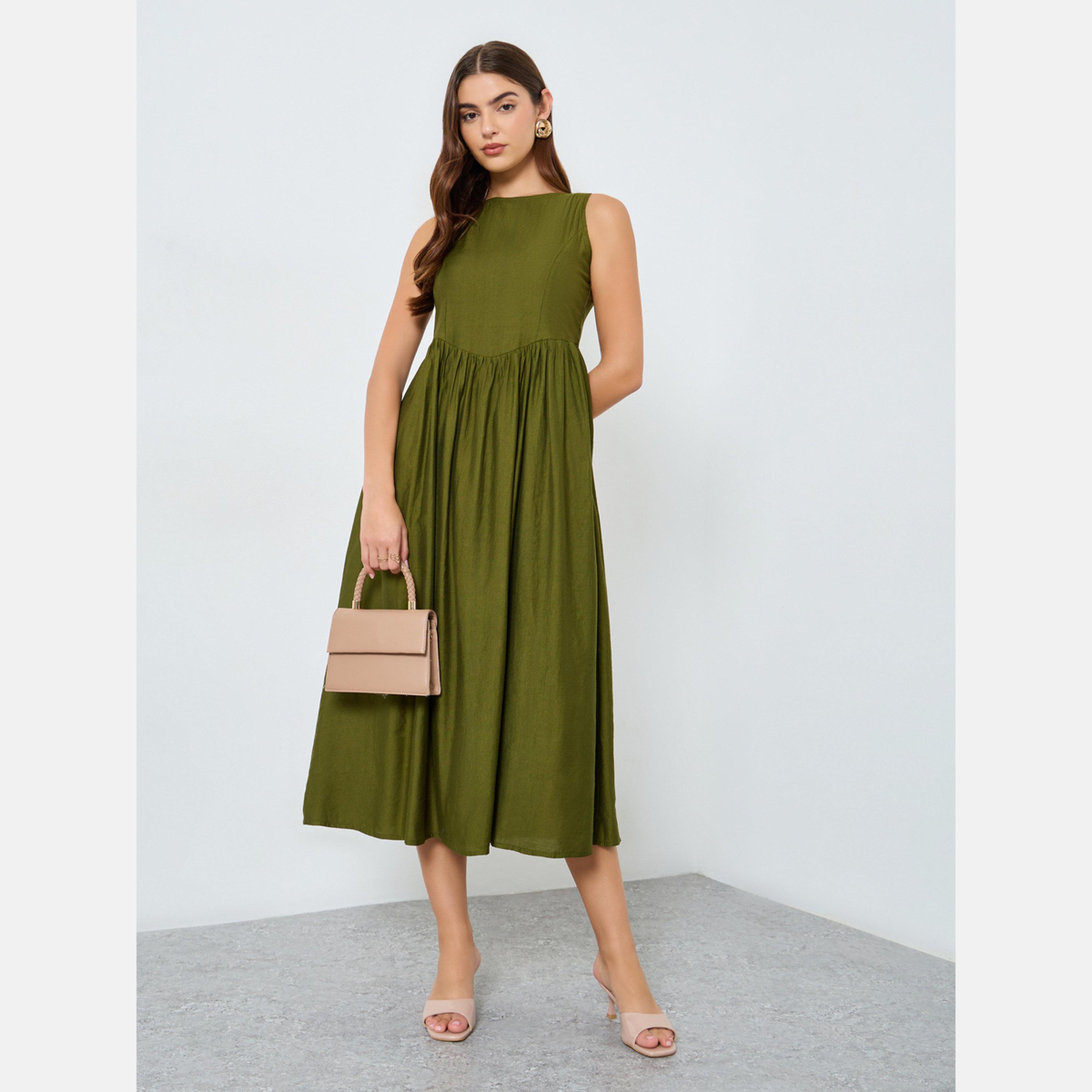 Maxim Creation Green Solid Sleeveless Midi Dress-women-clothing-dresses-image-1