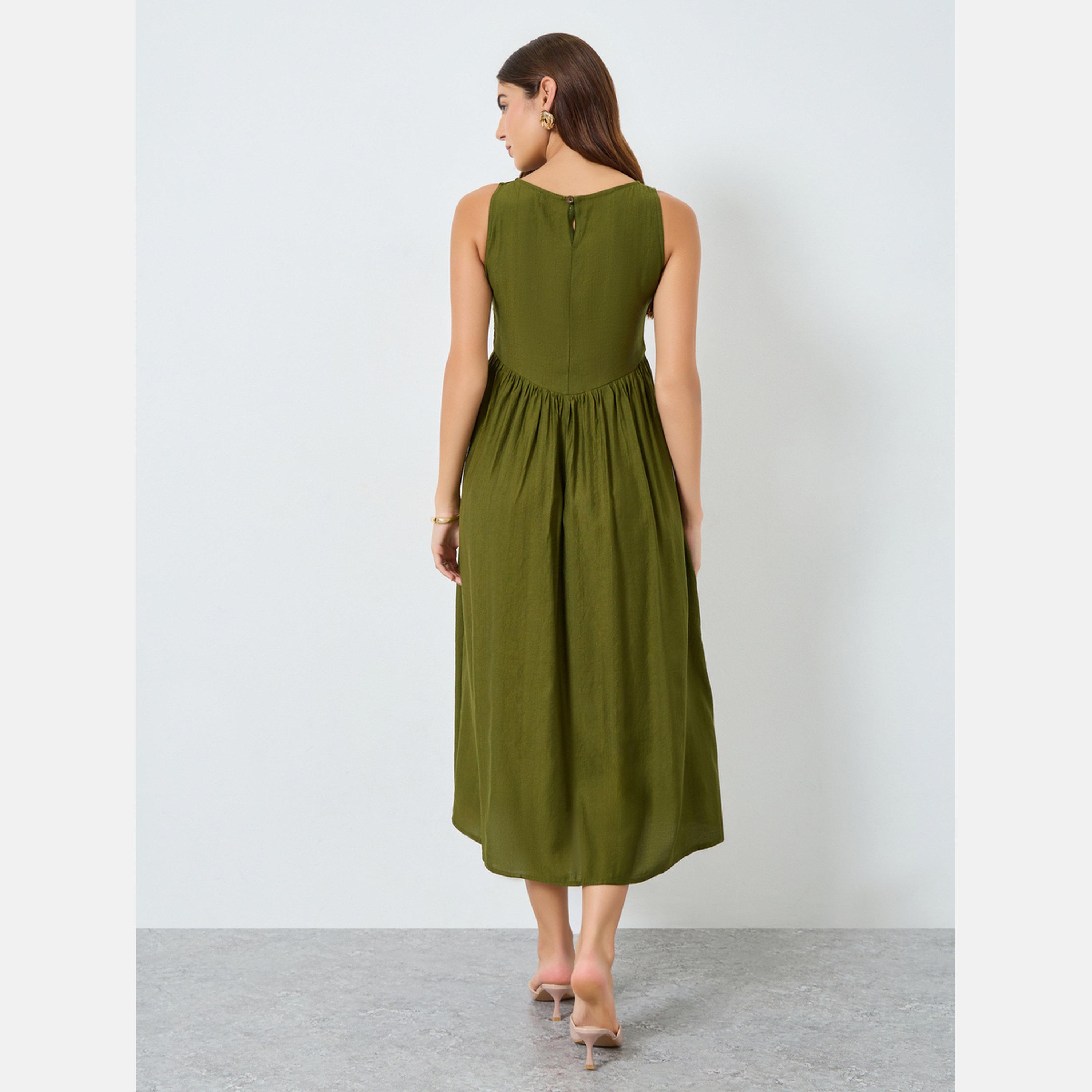 ماكسيم كرييشن - فستان أخضر سادة بدون أكمام متوسط ​​الطول-women-clothing-dresses-image-4