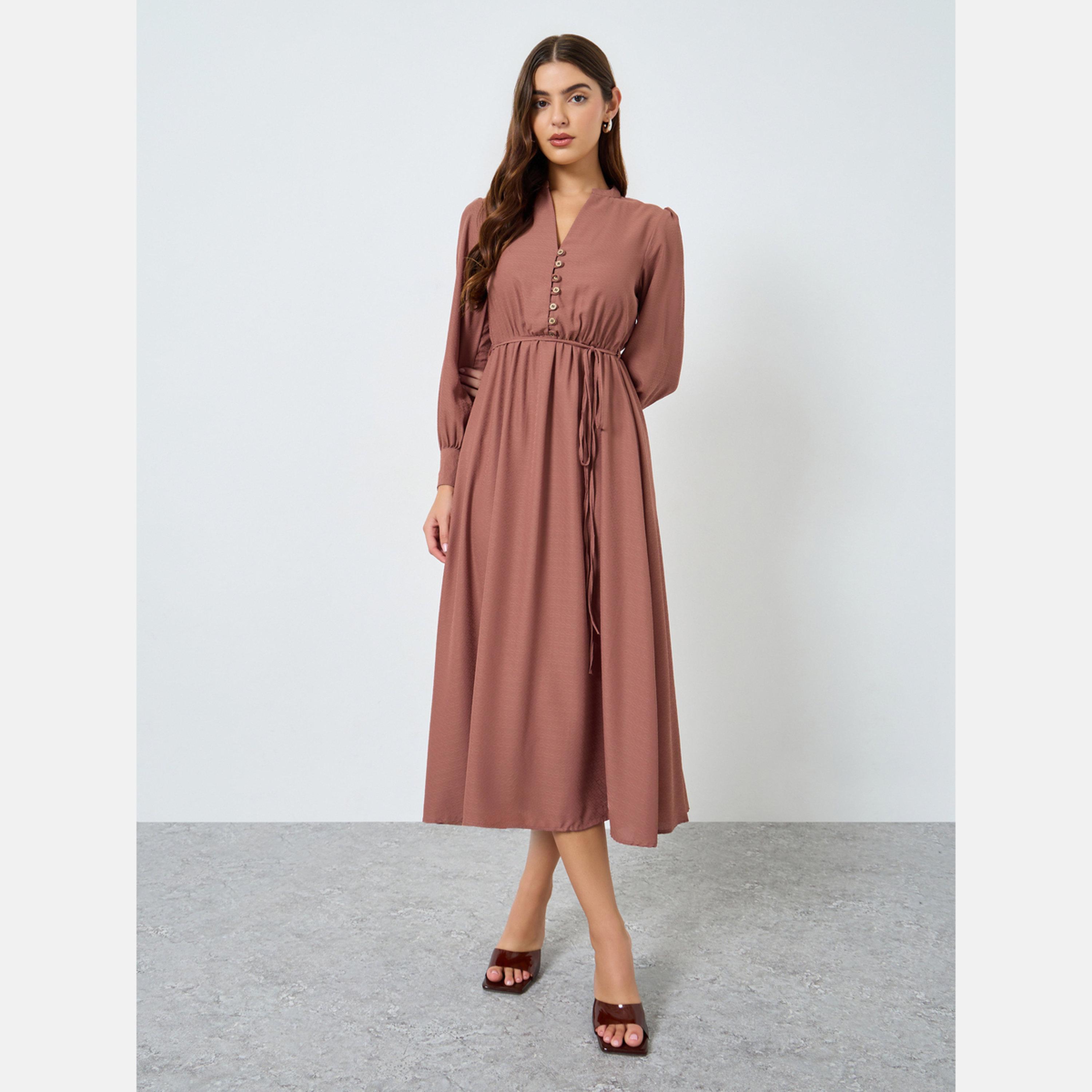 Maxim Creation Beige Long Sleeves Buttoned Maxi Dress-women-clothing-dresses-image-1