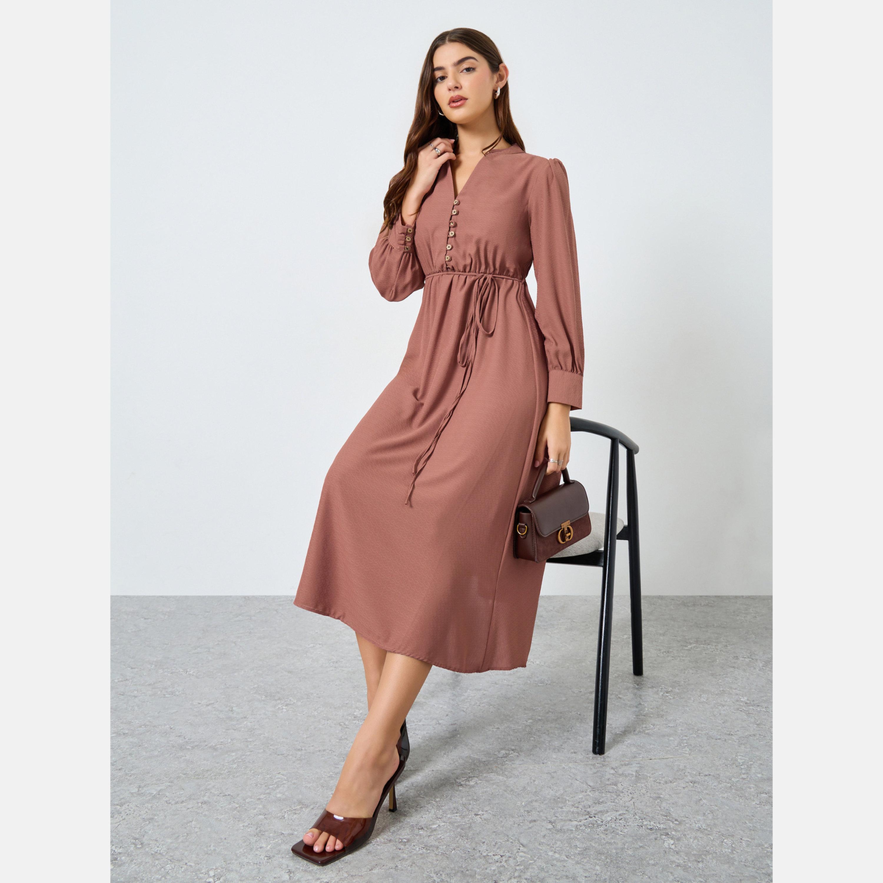 Maxim Creation Beige Long Sleeves Buttoned Maxi Dress-women-clothing-dresses-image-2