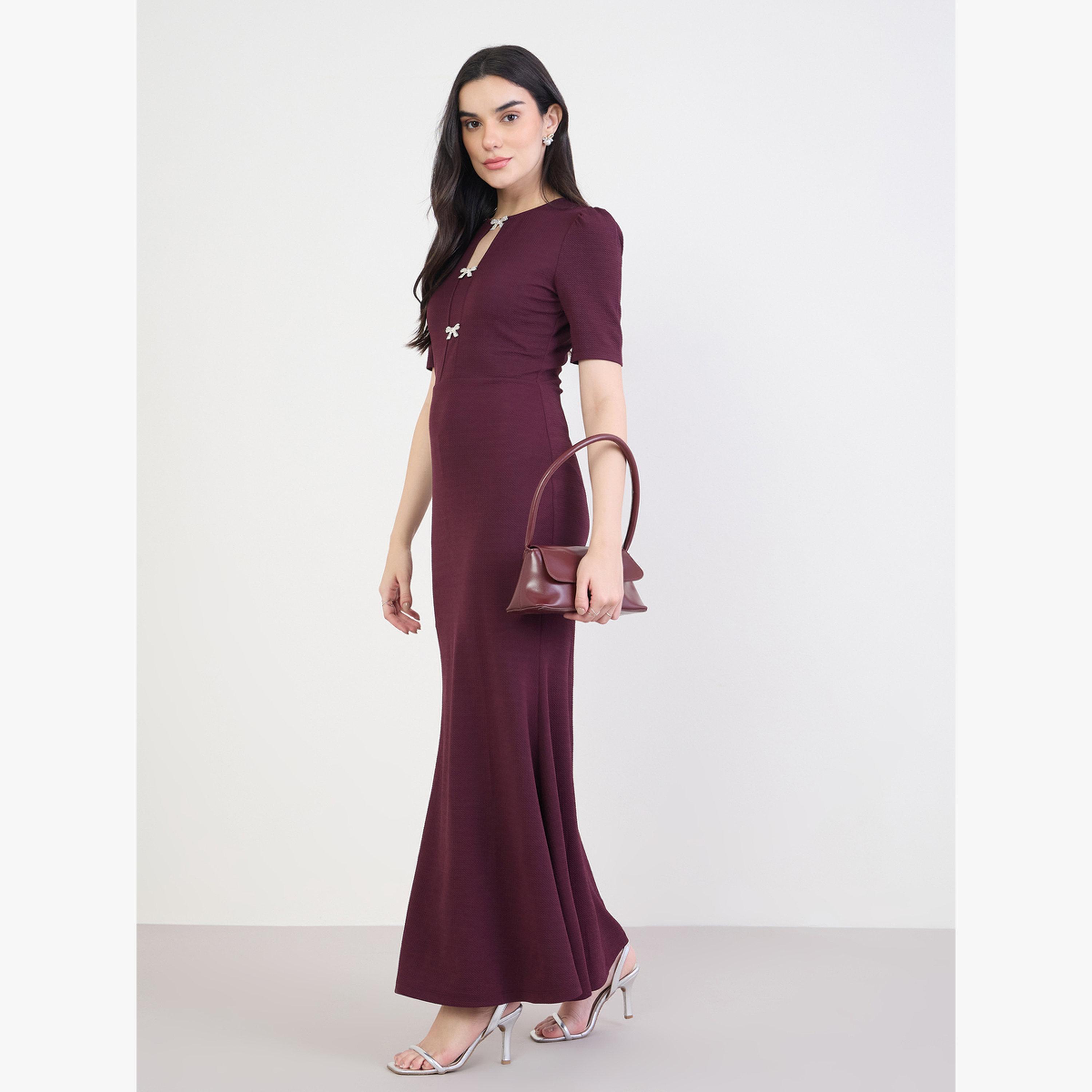 Styli Women Burgundy Sheath Maxi Dress with Bow Detail-women-clothing-dresses-image-1