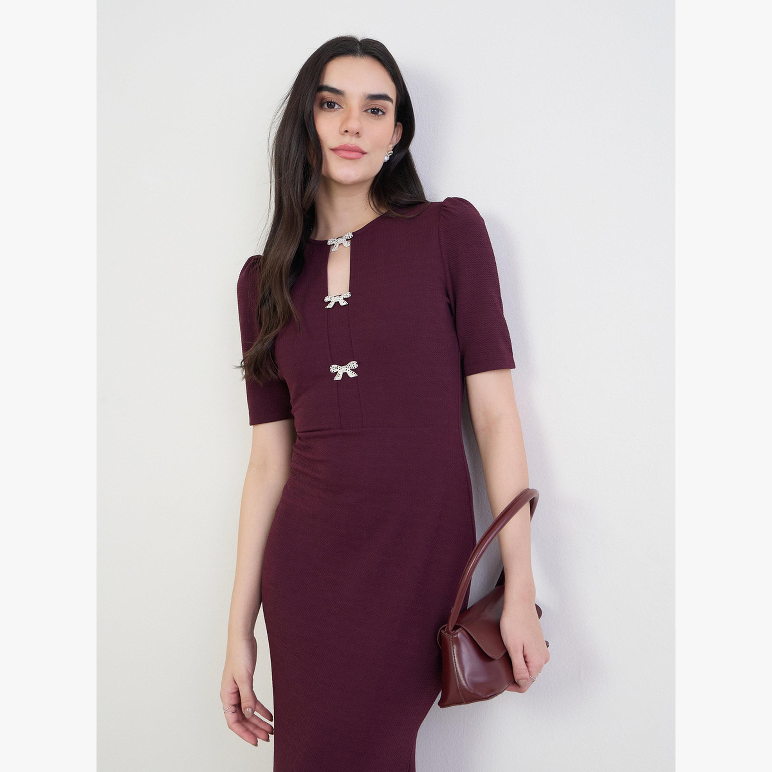 Styli Women Burgundy Sheath Maxi Dress with Bow Detail-women-clothing-dresses-image-2