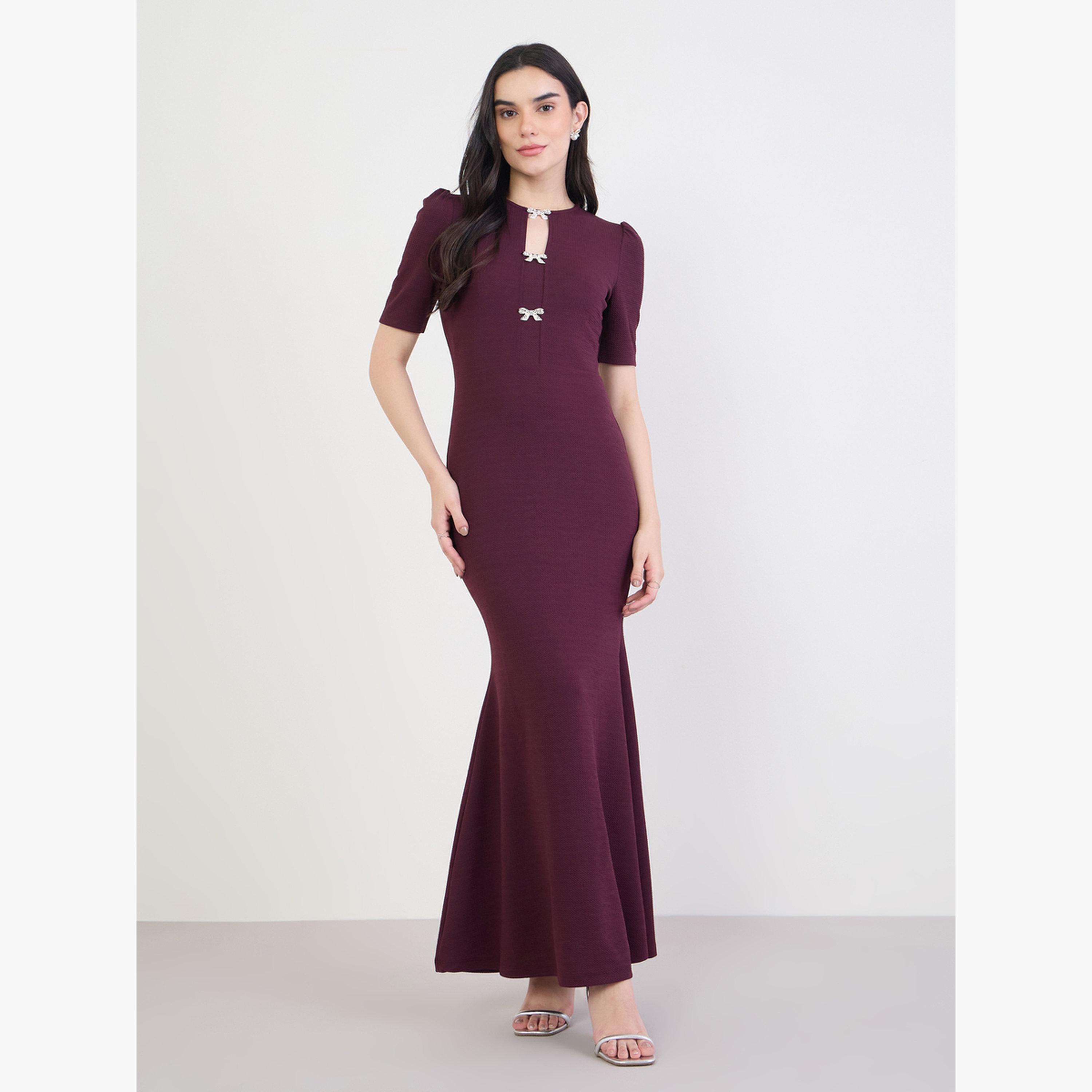 Styli Women Burgundy Sheath Maxi Dress with Bow Detail-women-clothing-dresses-image-3