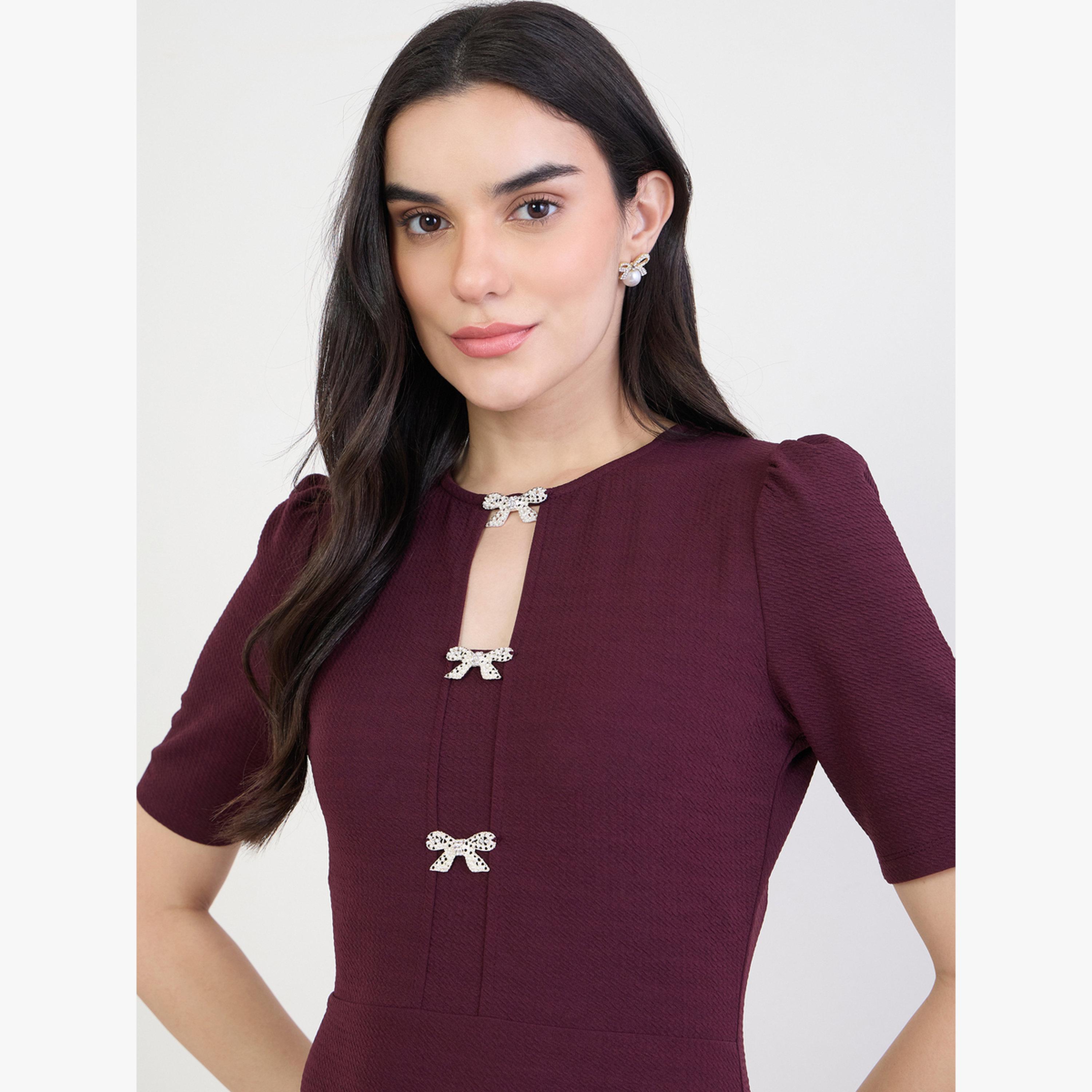 Styli Women Burgundy Sheath Maxi Dress with Bow Detail-women-clothing-dresses-image-4
