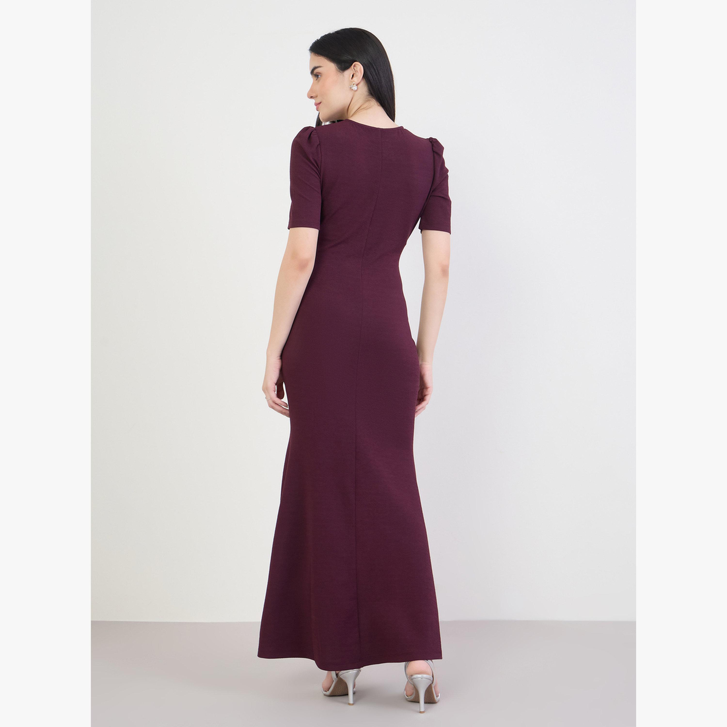 Styli Women Burgundy Sheath Maxi Dress with Bow Detail-women-clothing-dresses-image-5