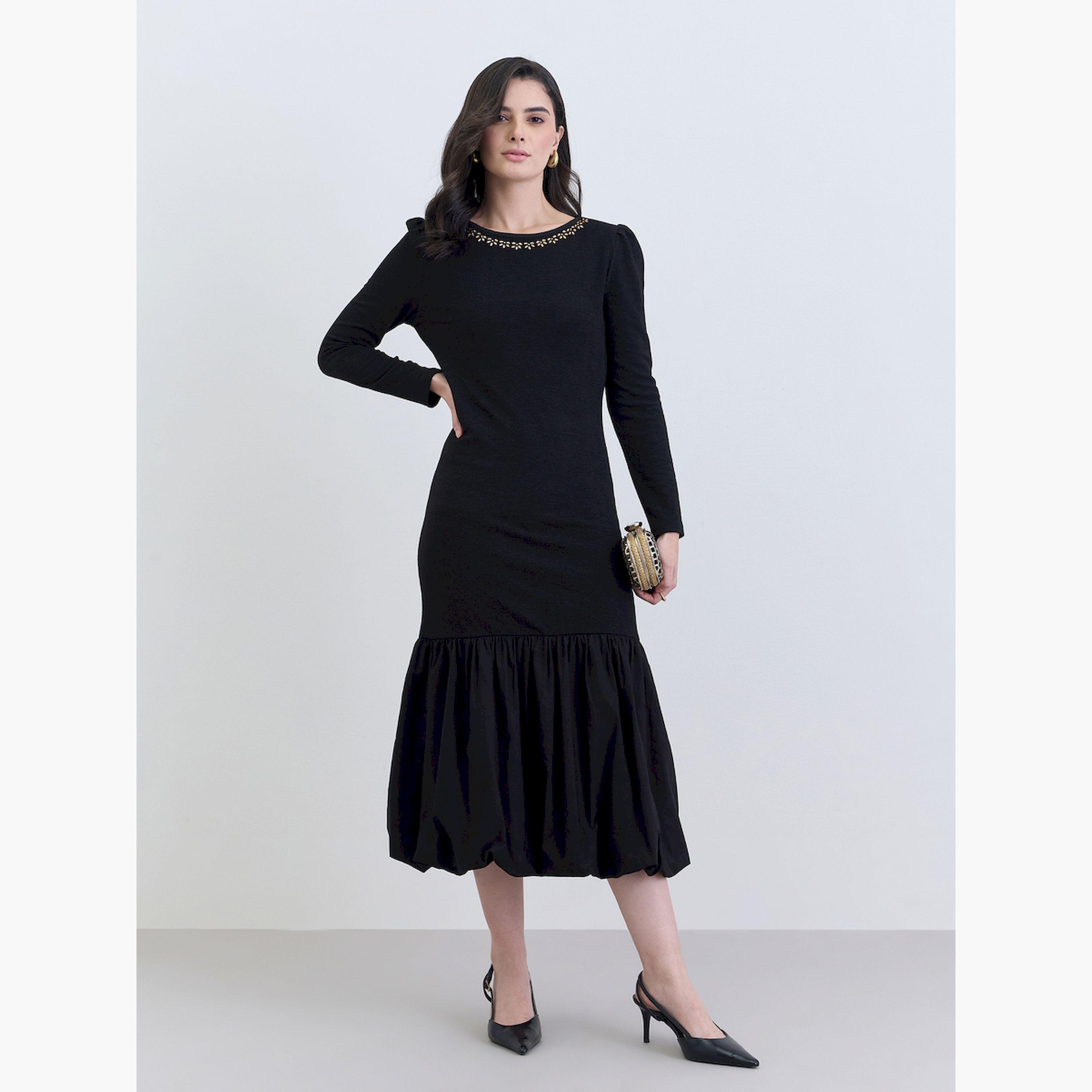 Styli Women Black Embellished Neckline Midi Dress-women-clothing-dresses-image-1