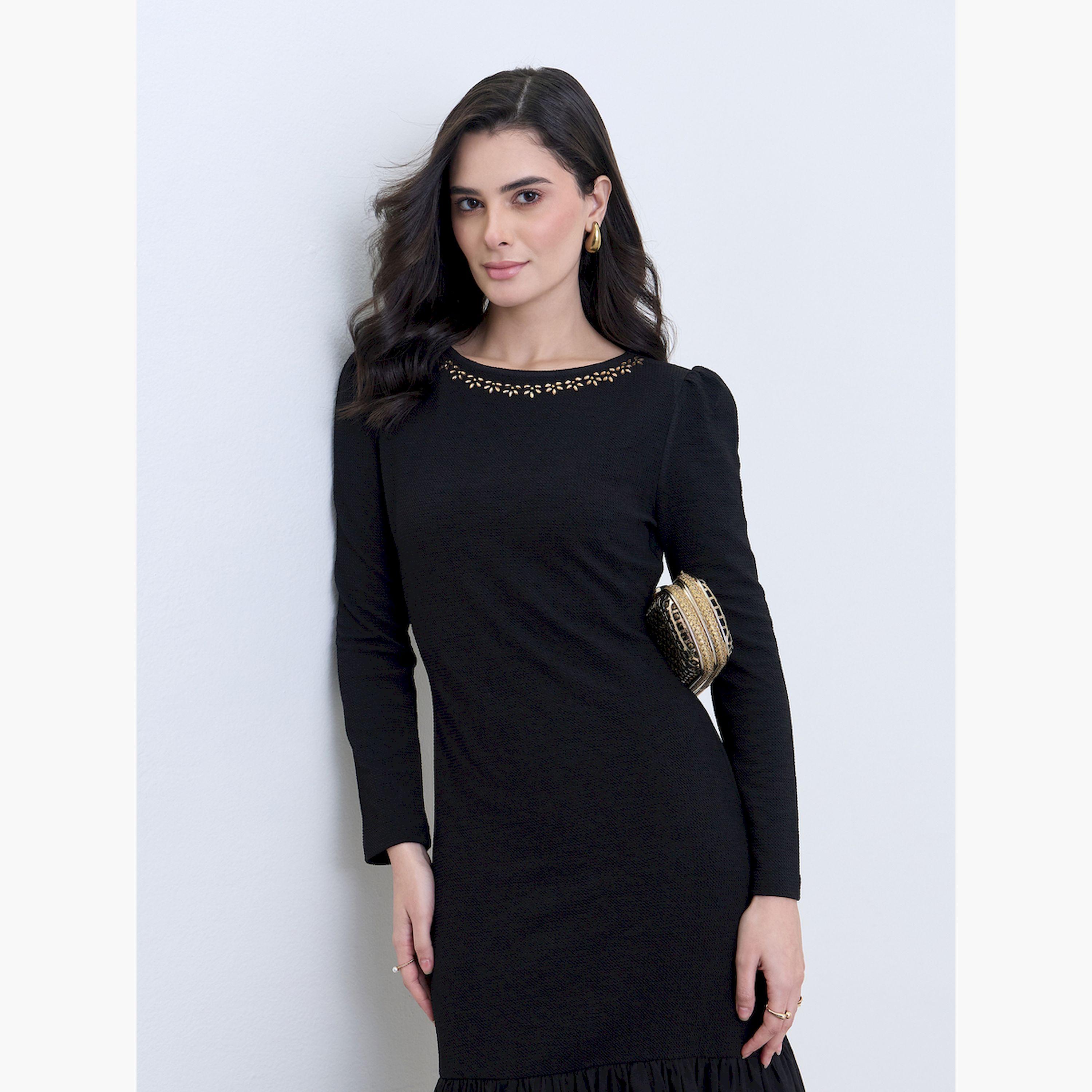Styli Women Black Embellished Neckline Midi Dress-women-clothing-dresses-image-2
