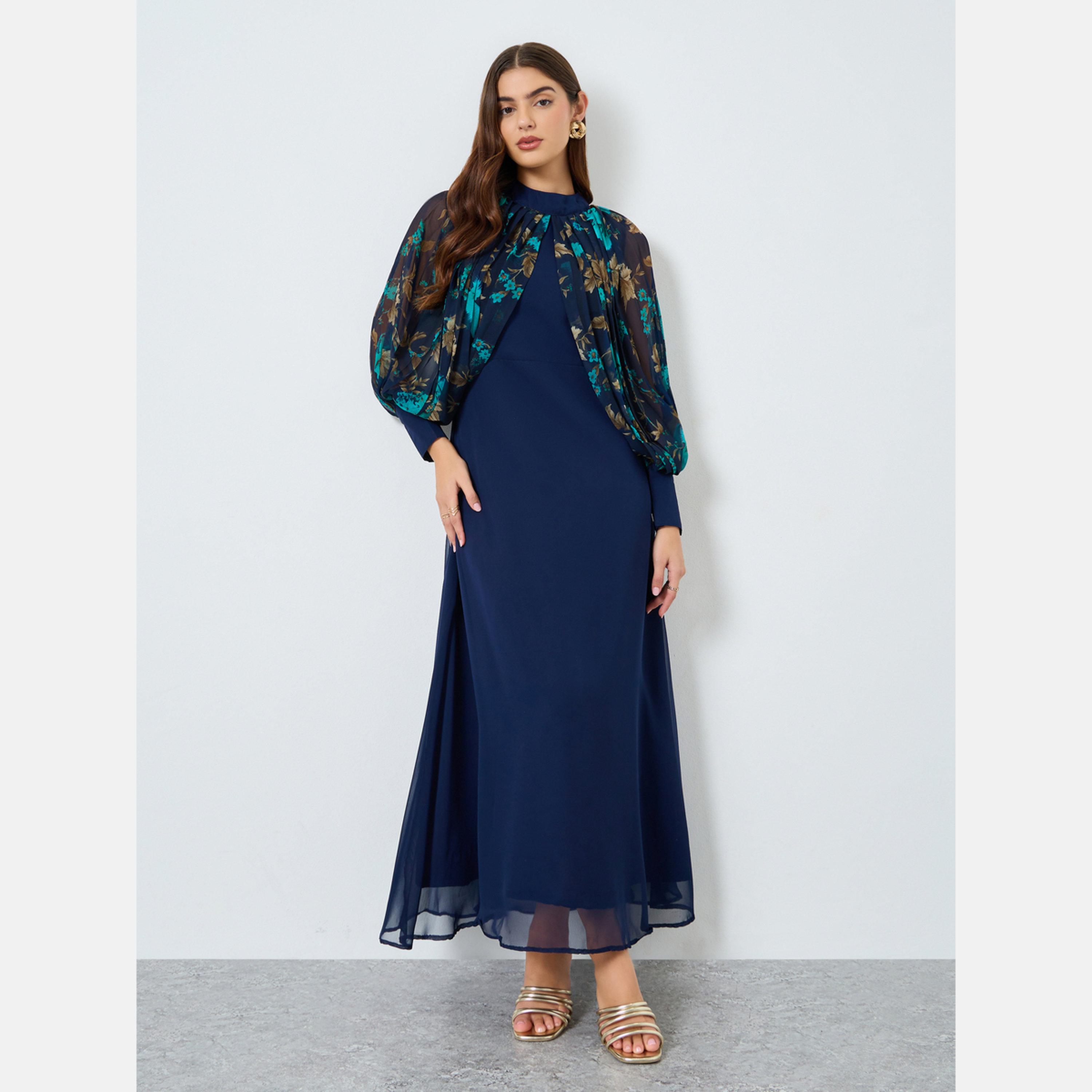 Maxim Creation Navy Blue Floral Print Chiffon Maxi Dress-women-clothing-dresses-image-1