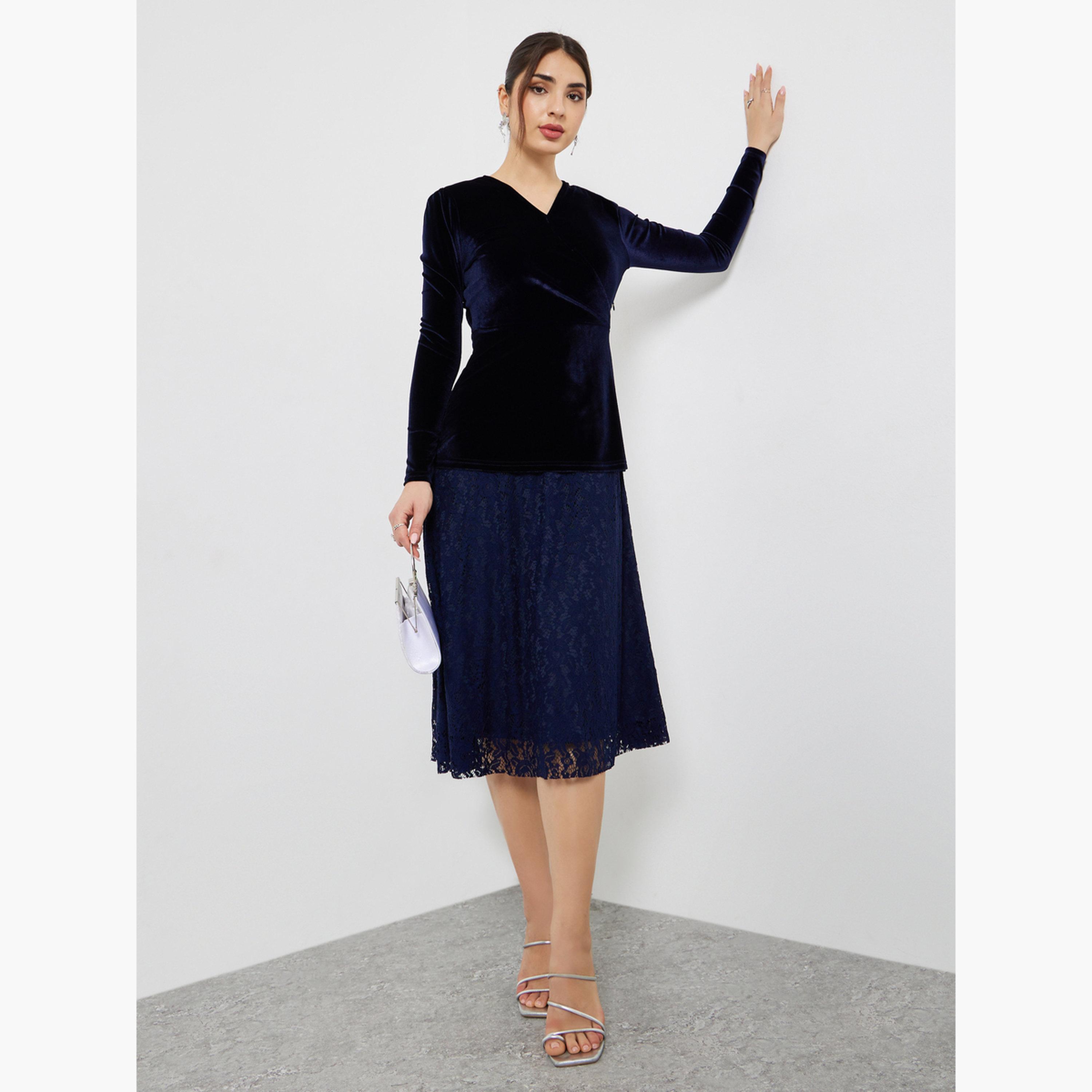 Styli Velvet Lace Hem Wrap Detail Midi Dress-women-clothing-dresses-image-1