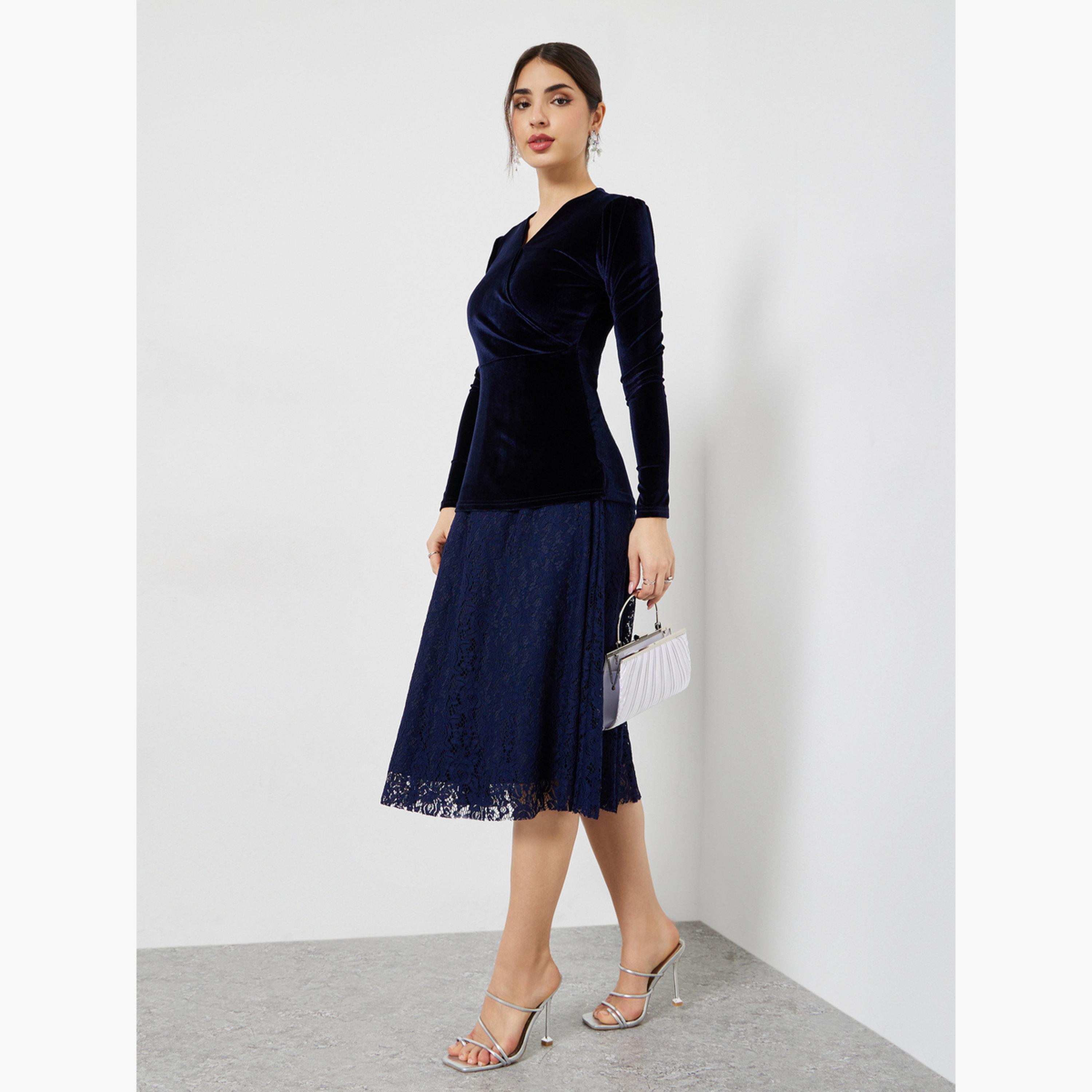 Styli Velvet Lace Hem Wrap Detail Midi Dress-women-clothing-dresses-image-2