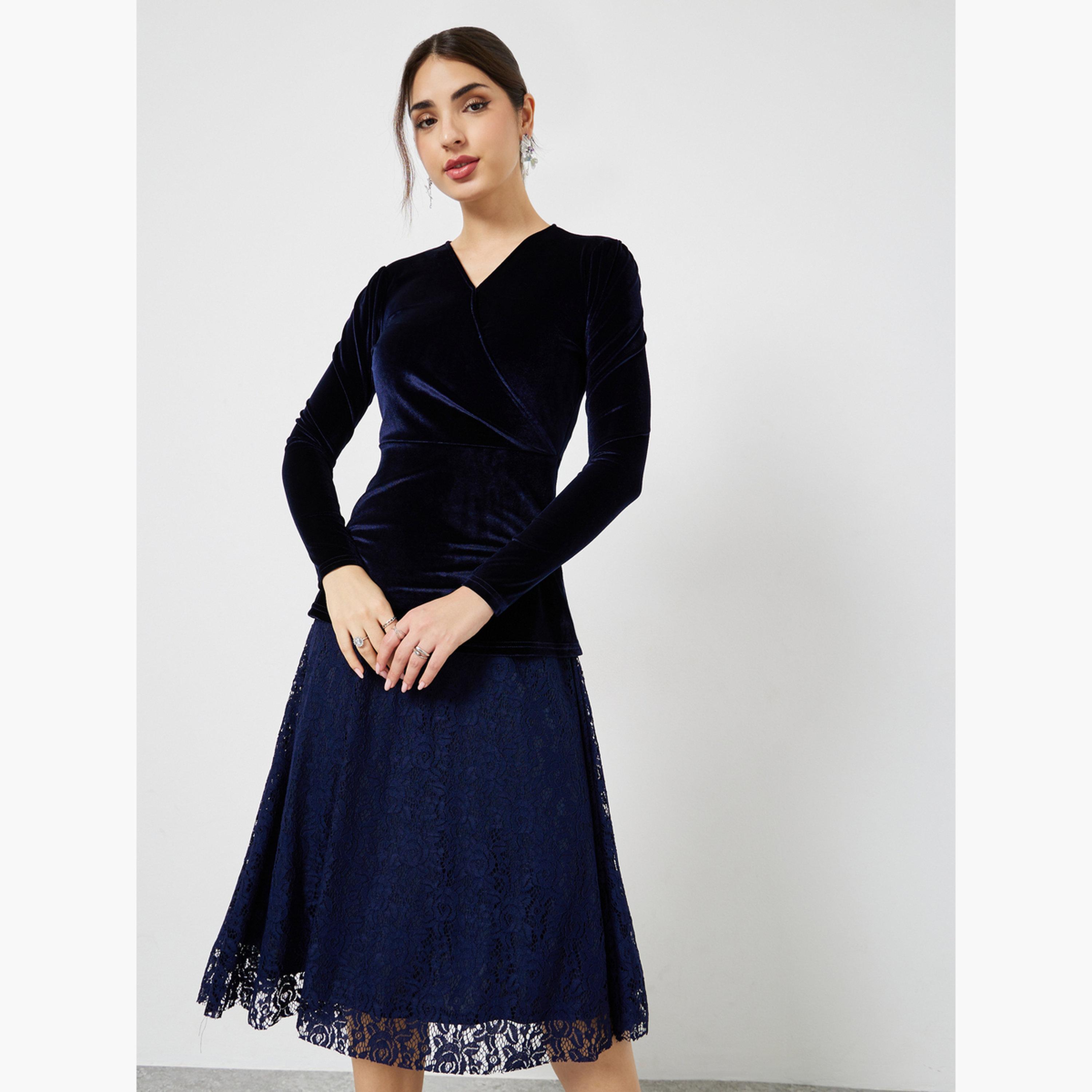 Styli Velvet Lace Hem Wrap Detail Midi Dress-women-clothing-dresses-image-3