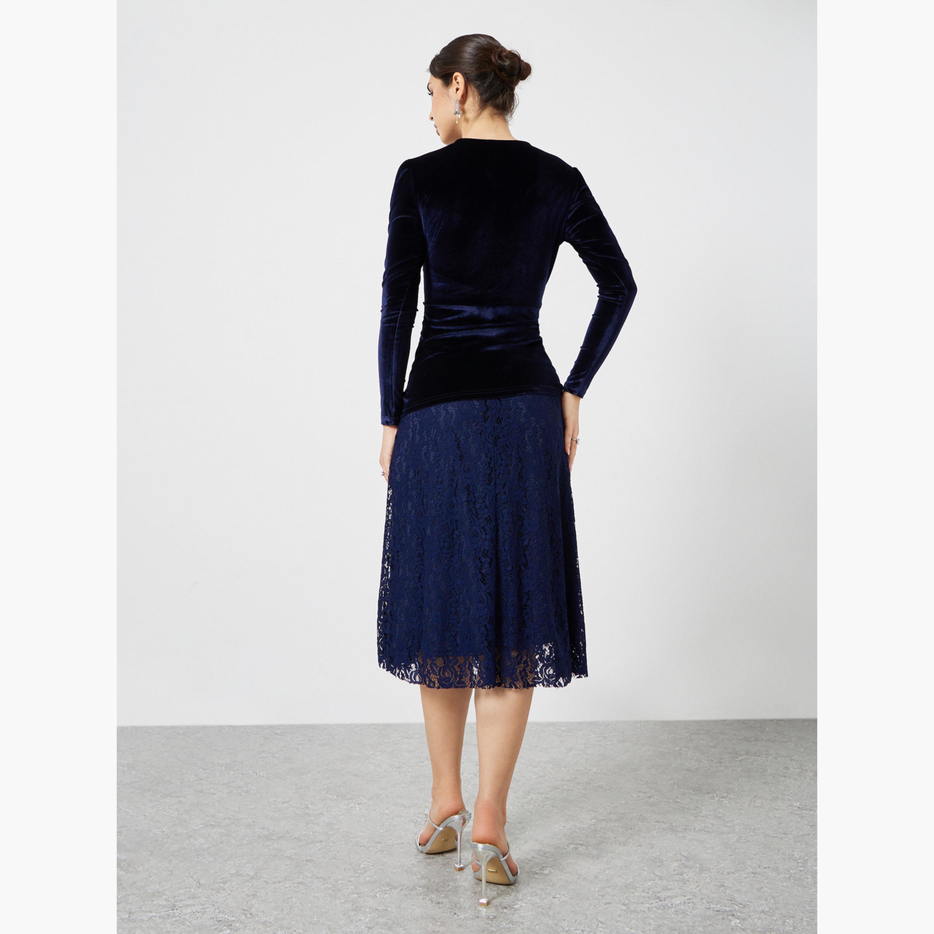 Styli Velvet Lace Hem Wrap Detail Midi Dress-women-clothing-dresses-image-4