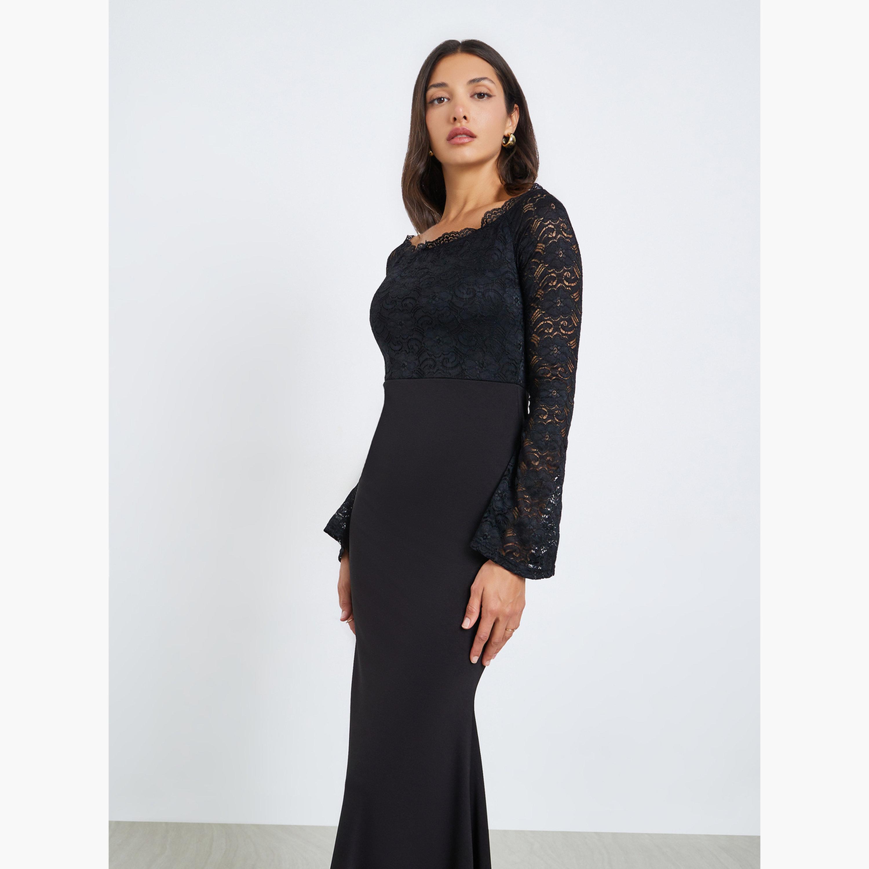 Styli Women Black Lace Off Shoulder Maxi Dress-women-clothing-dresses-image-2