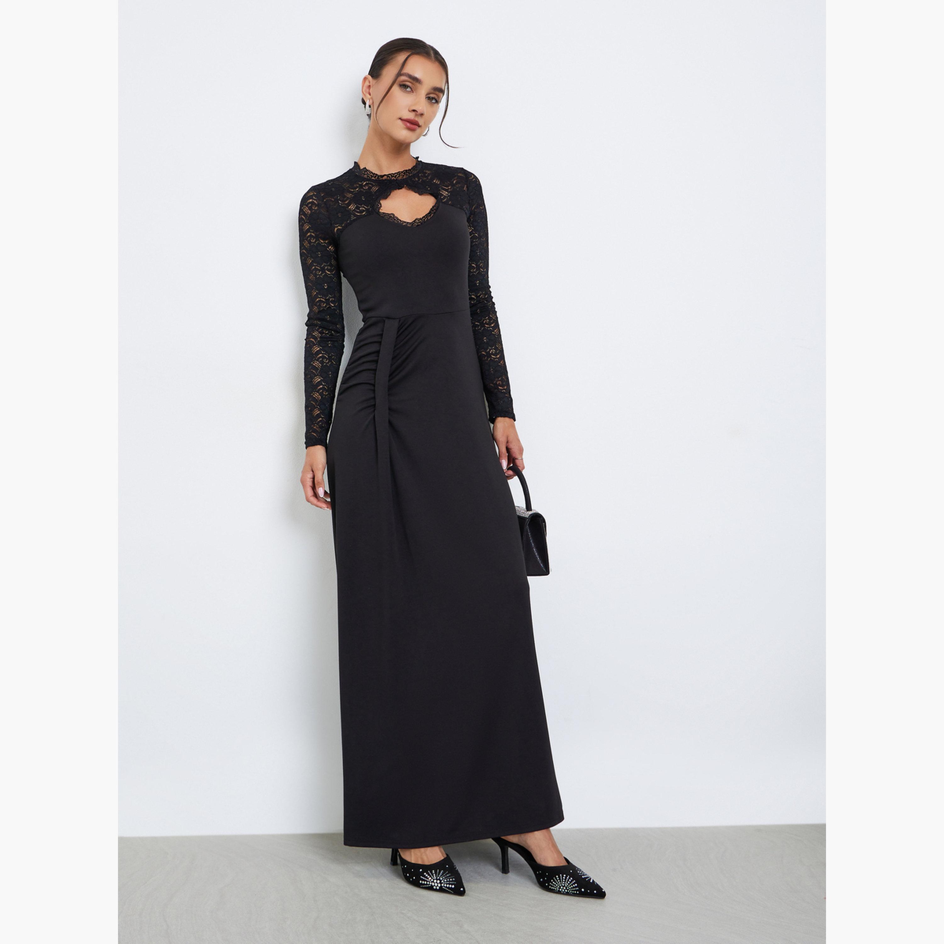 ستايلي - فستان ماكسي أسود بأكمام من الدانتيل-women-clothing-dresses-image-1