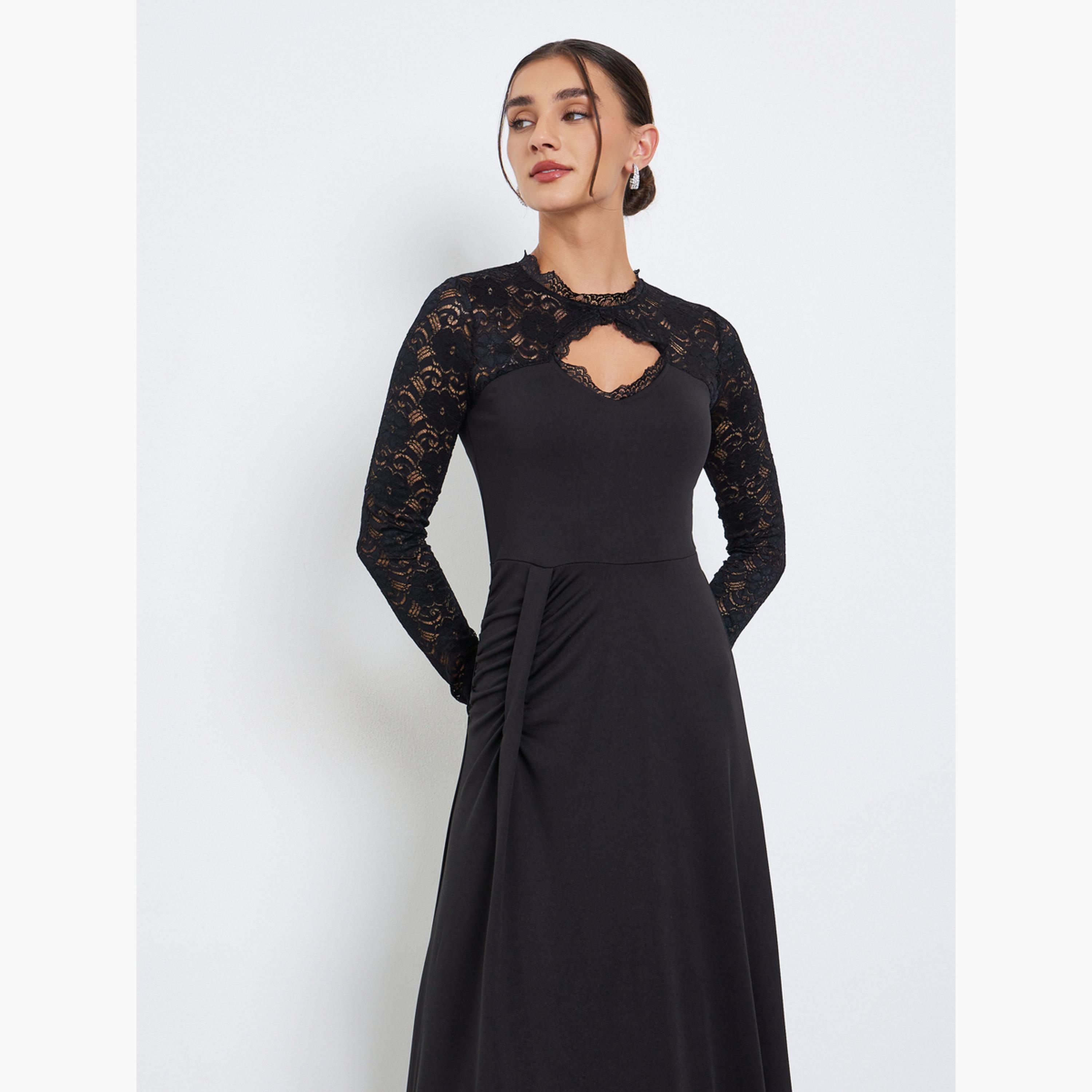 Styli Black Lace Sleeve A-Line Maxi Dress-women-clothing-dresses-image-2