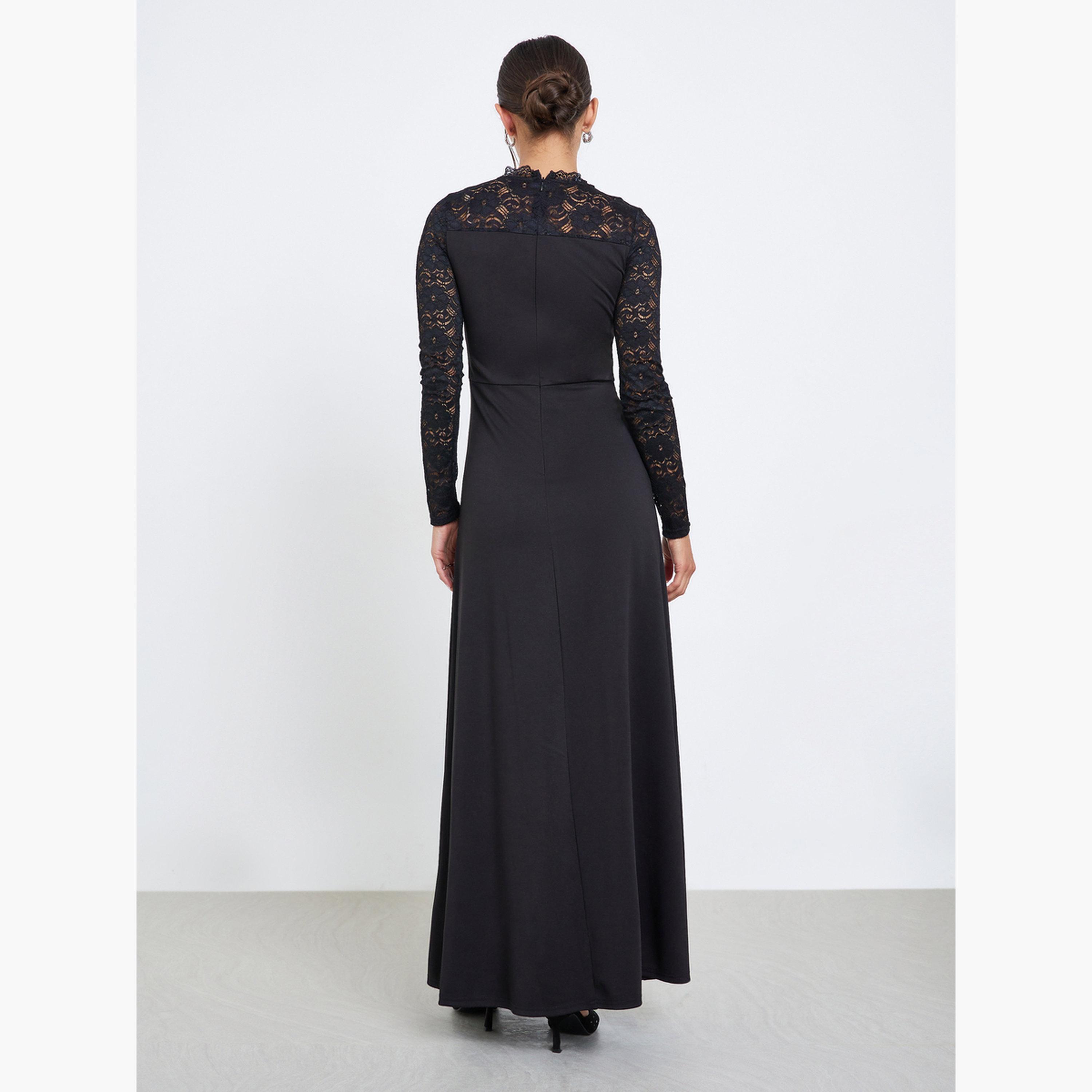Styli Black Lace Sleeve A-Line Maxi Dress-women-clothing-dresses-image-3