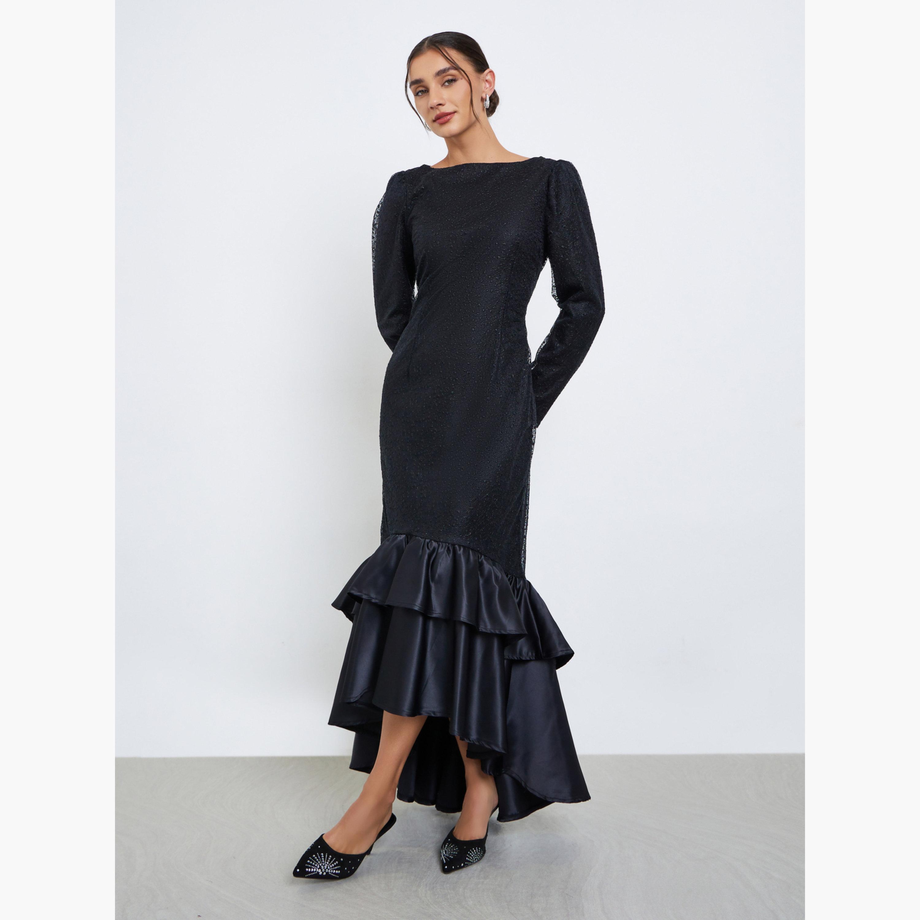 Styli Black Ruffled Mermaid Hem Maxi Dress-women-clothing-dresses-image-1