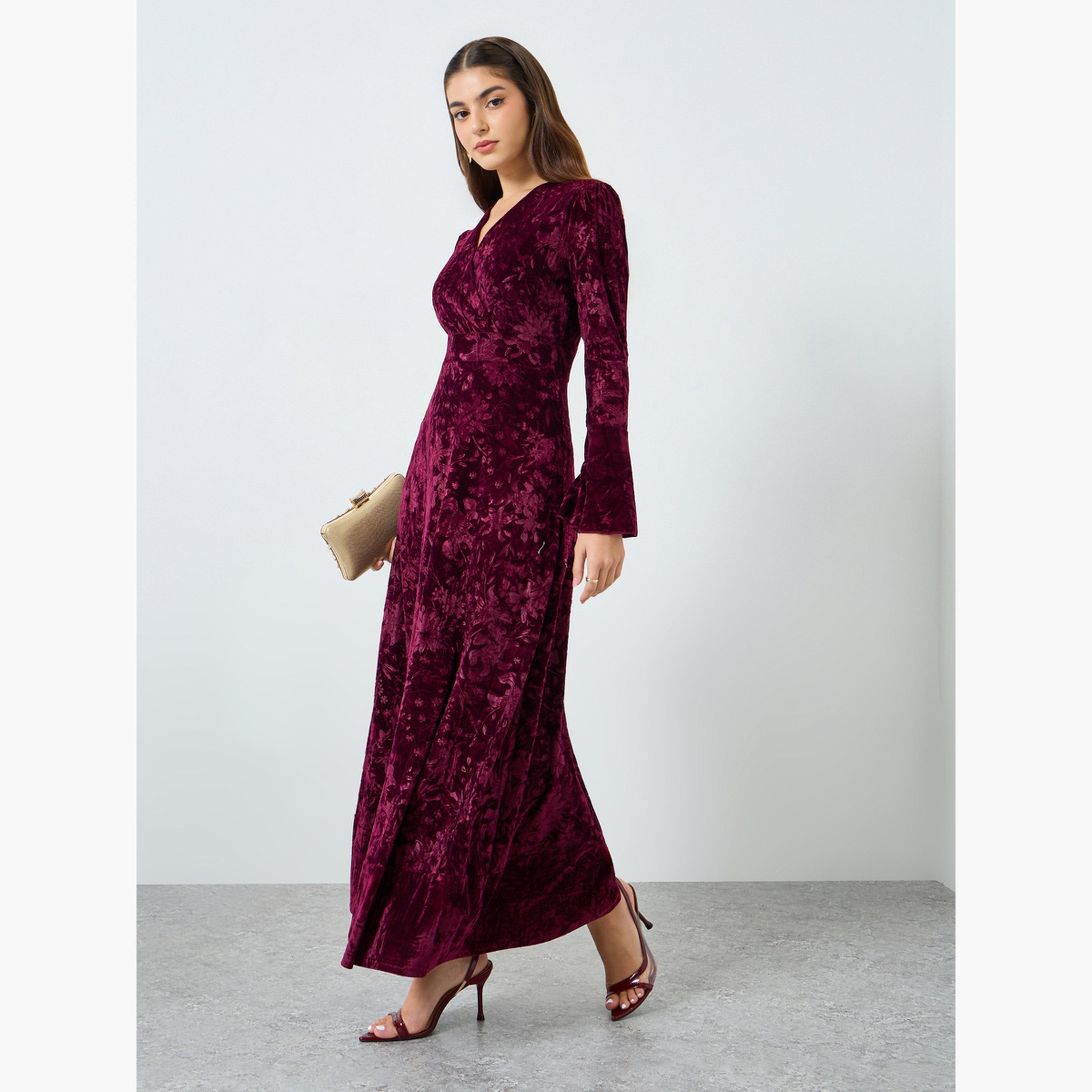 Styli Women Burgundy Velvet Look Maxi Dress-women-clothing-dresses-image-1