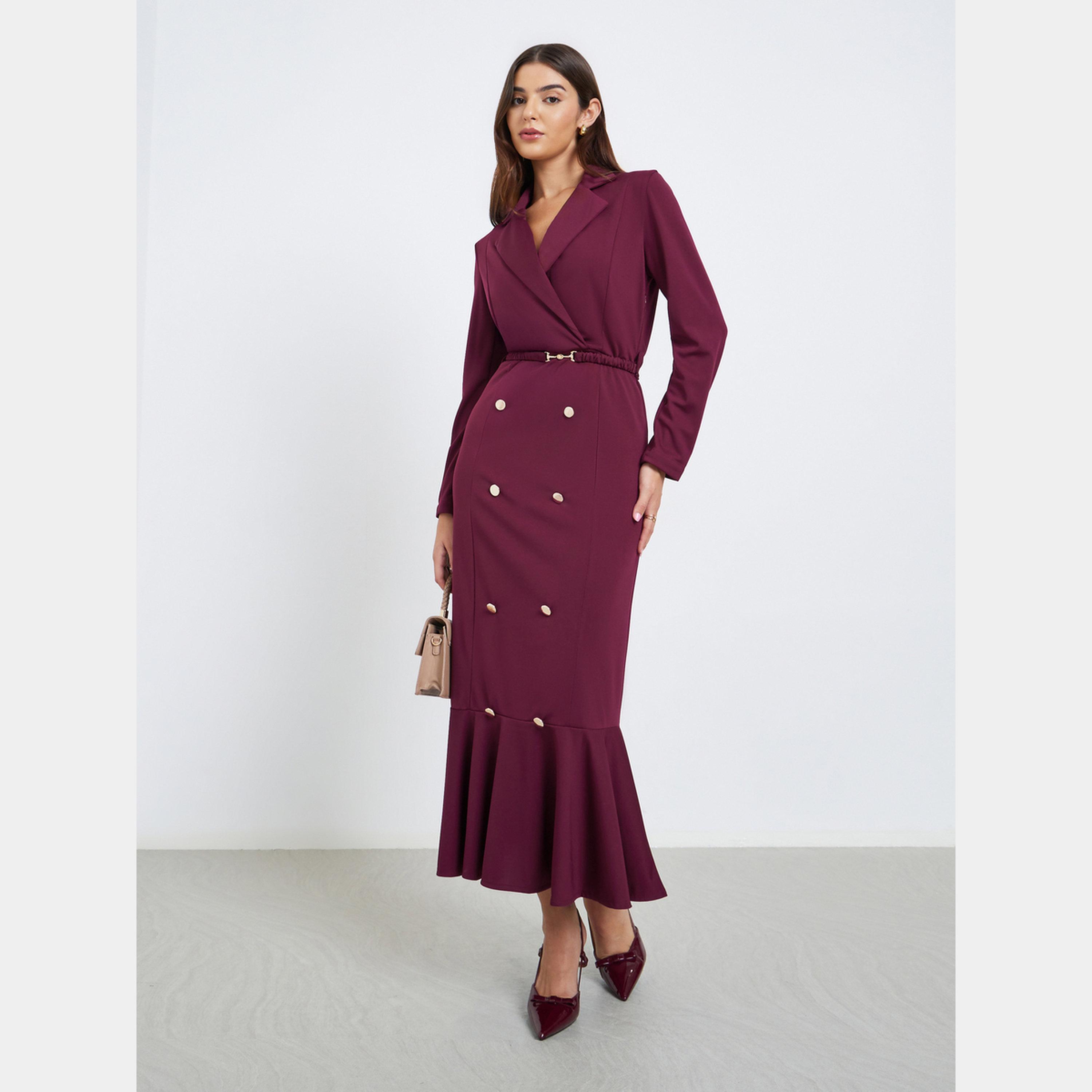 Styli Burgundy Button Detail Lapel Collar Women's Blazer Mermaid Hem Maxi Dress-women-clothing-dresses-image-1
