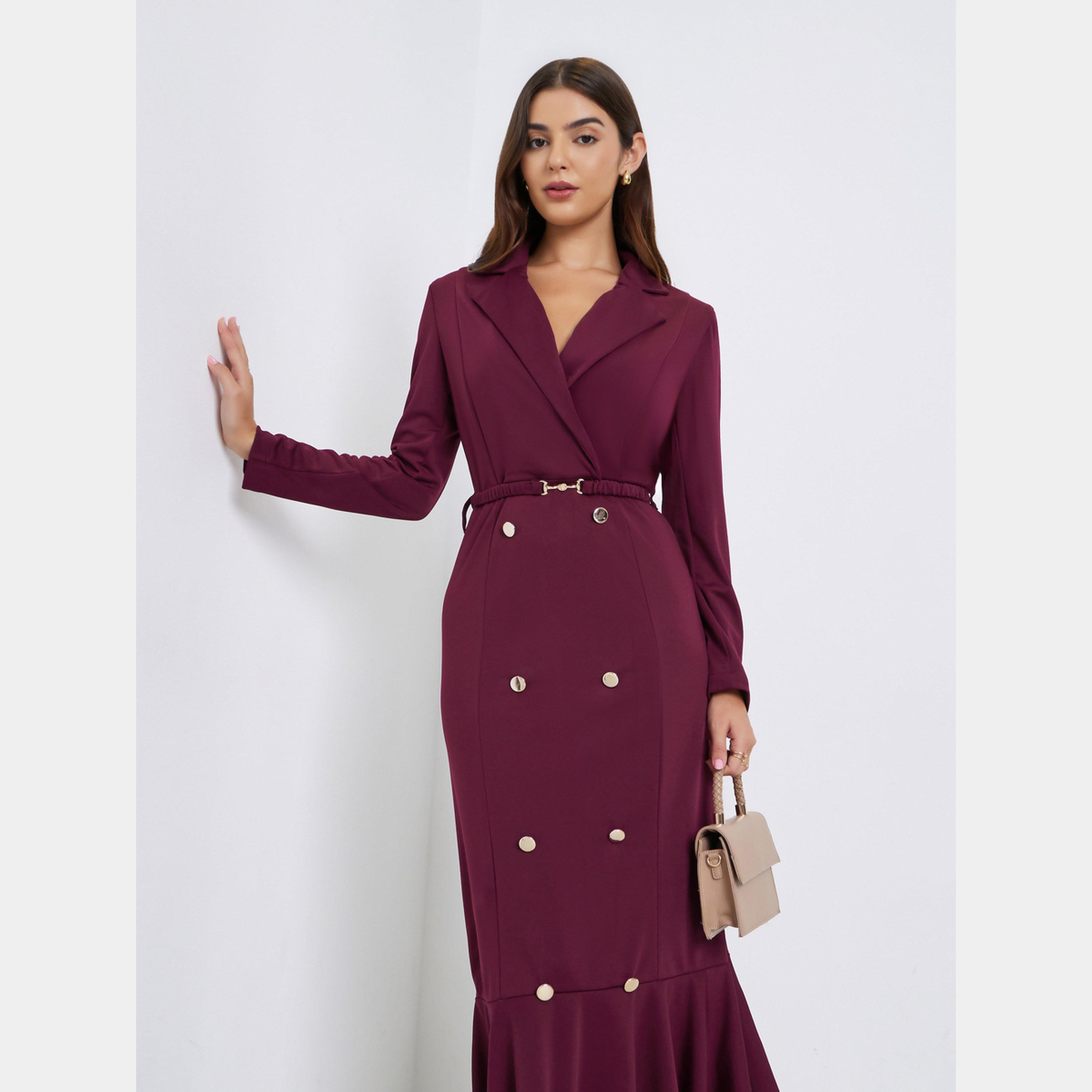 Styli Burgundy Button Detail Lapel Collar Women's Blazer Mermaid Hem Maxi Dress-women-clothing-dresses-image-2