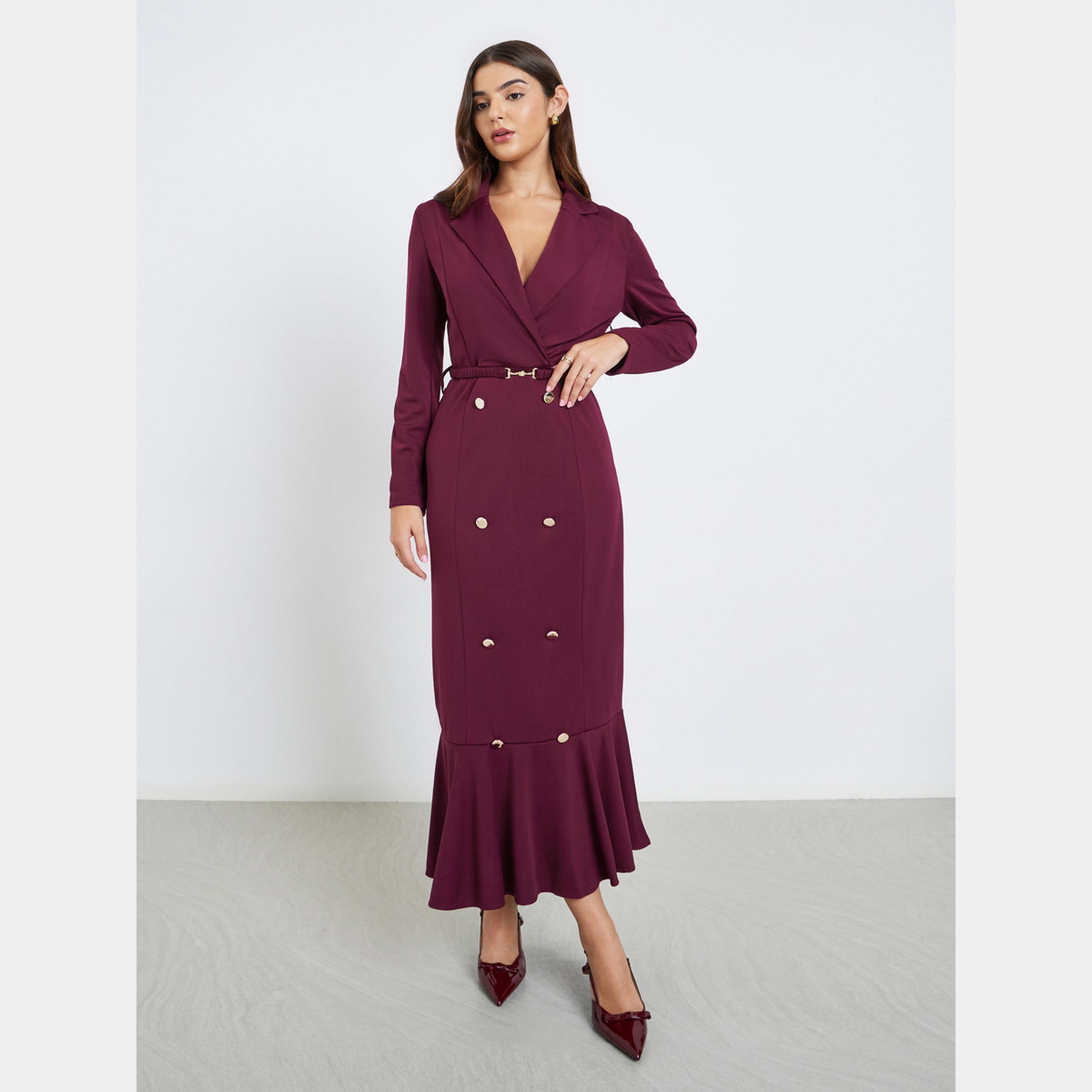 Styli Burgundy Button Detail Lapel Collar Women's Blazer Mermaid Hem Maxi Dress-women-clothing-dresses-image-3