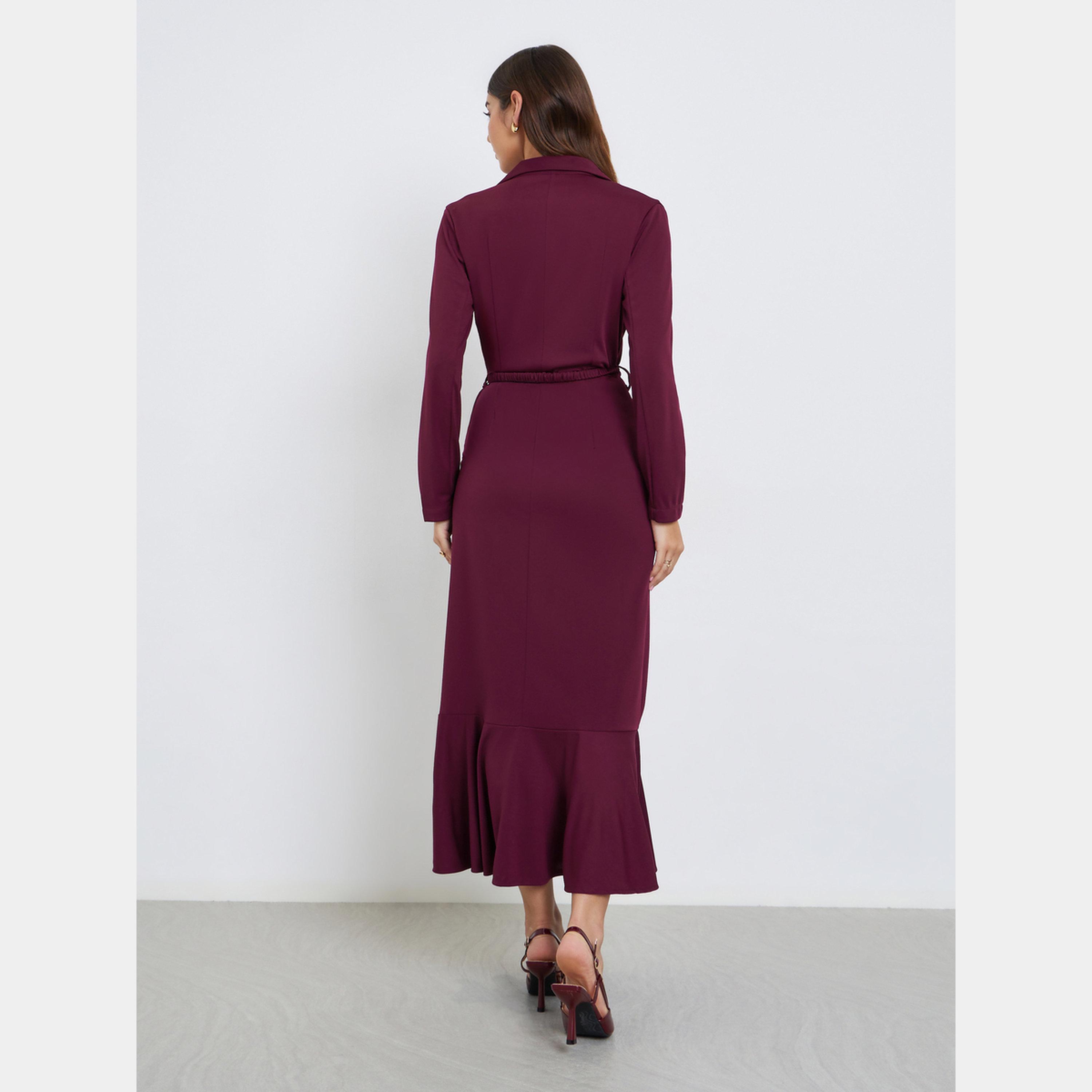 ستايلي - فستان ماكسي نسائي من قماش البليزر وحافة حورية البحر مع تفاصيل أزرار لون برغندي-women-clothing-dresses-image-5