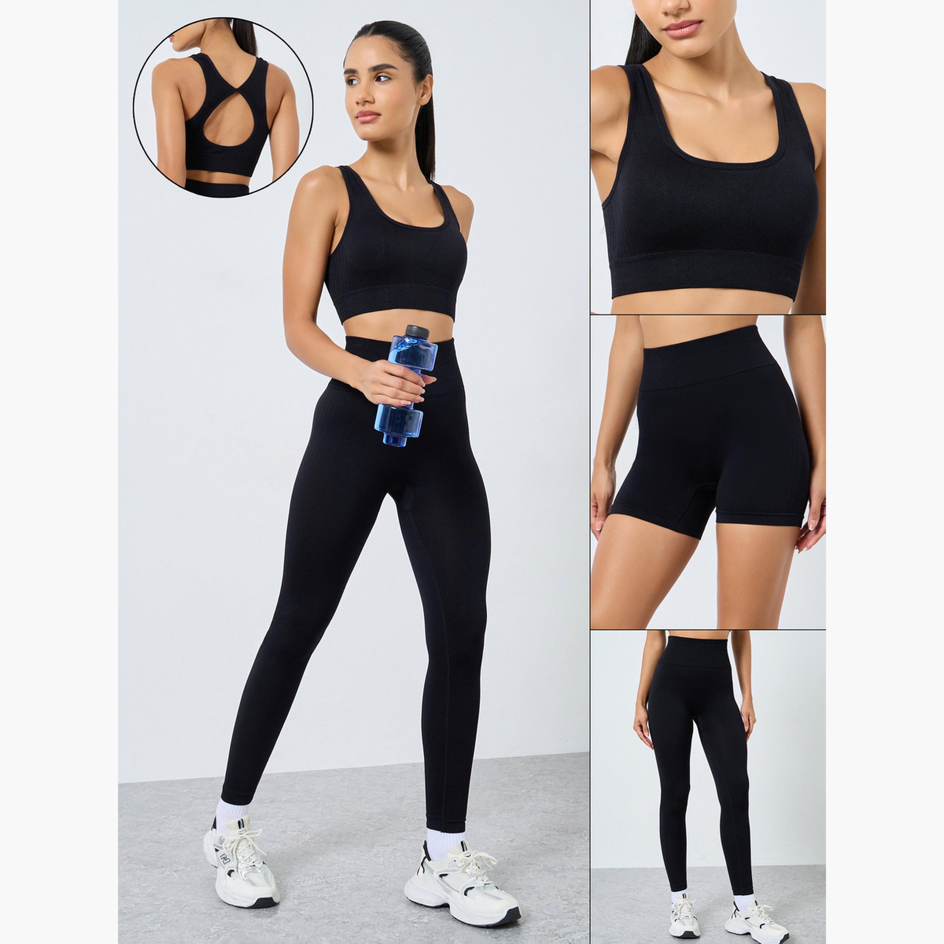 ستايلي - طقم 3 قطع - حمالة صدر رياضية بتصميم ممزق، وشورت، وبنطال ضيق بظهر مكشكش-women-clothing-sportswearandactivewear-trackpantsandtracksuits-image-1